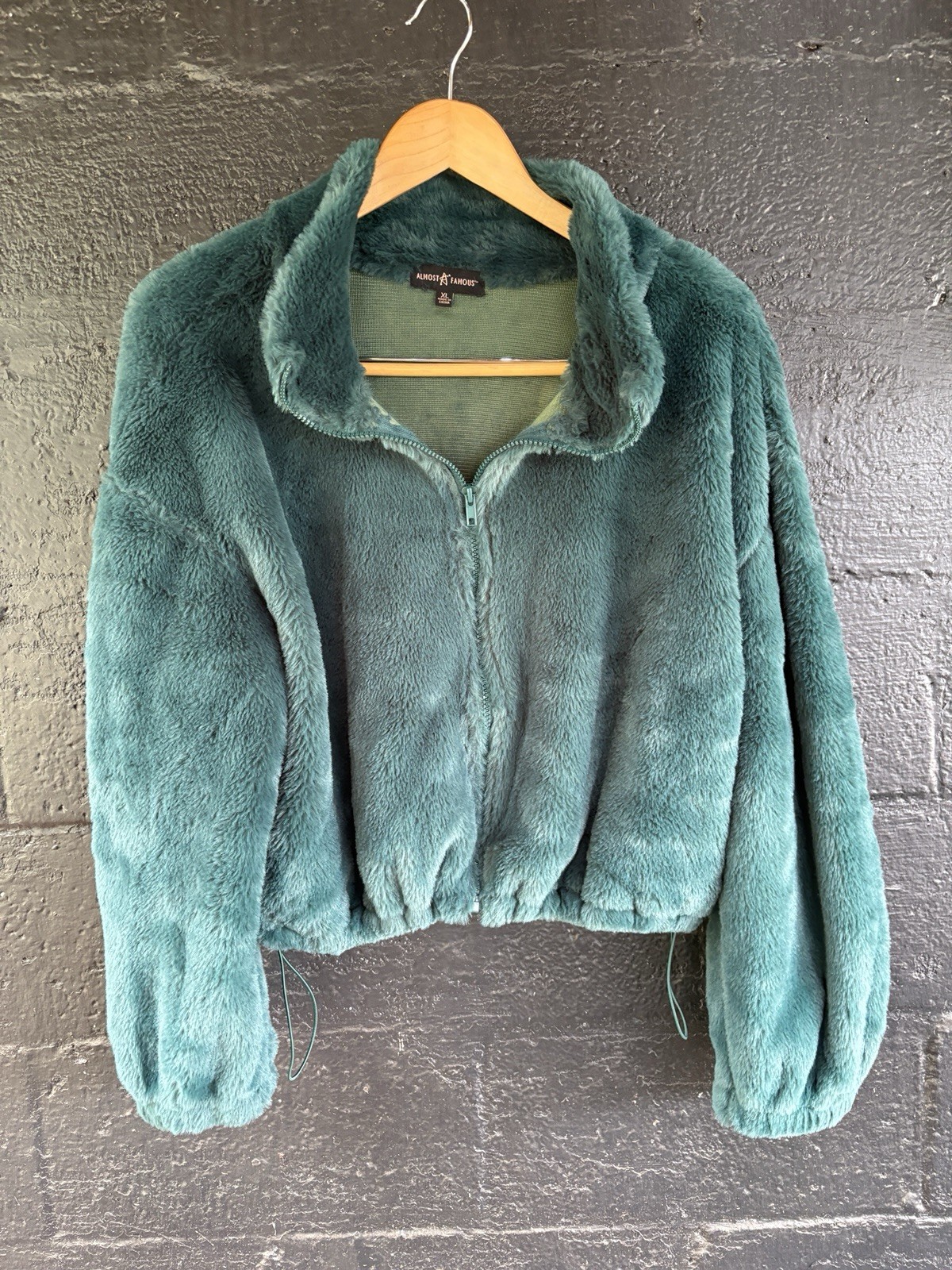 Almost Famous Women’s Green Full Zip Fleece Faux Fur Jacket, 70s Style XL