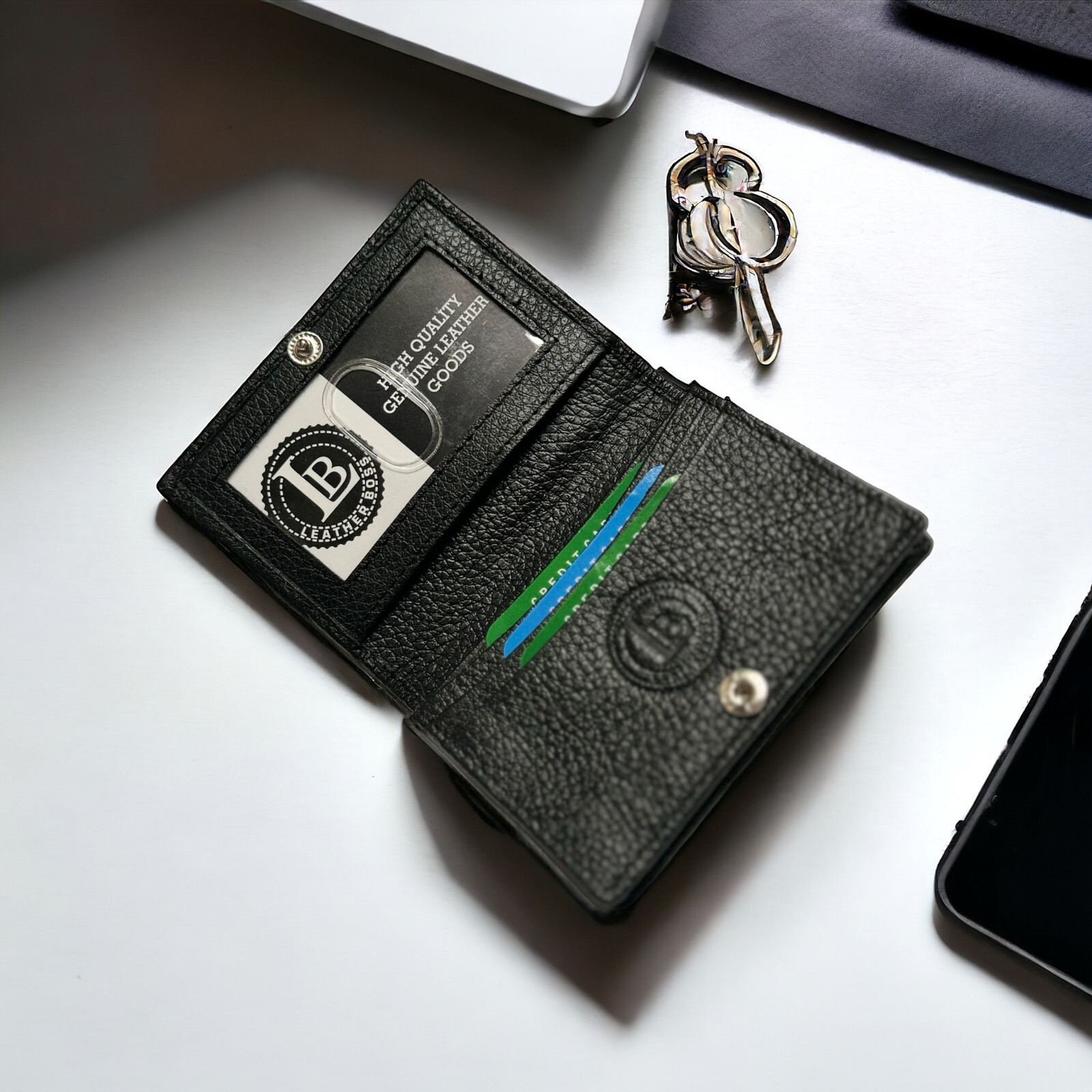 Leatherboss Leather Card Case Wallet with expandable pocket and snap closure