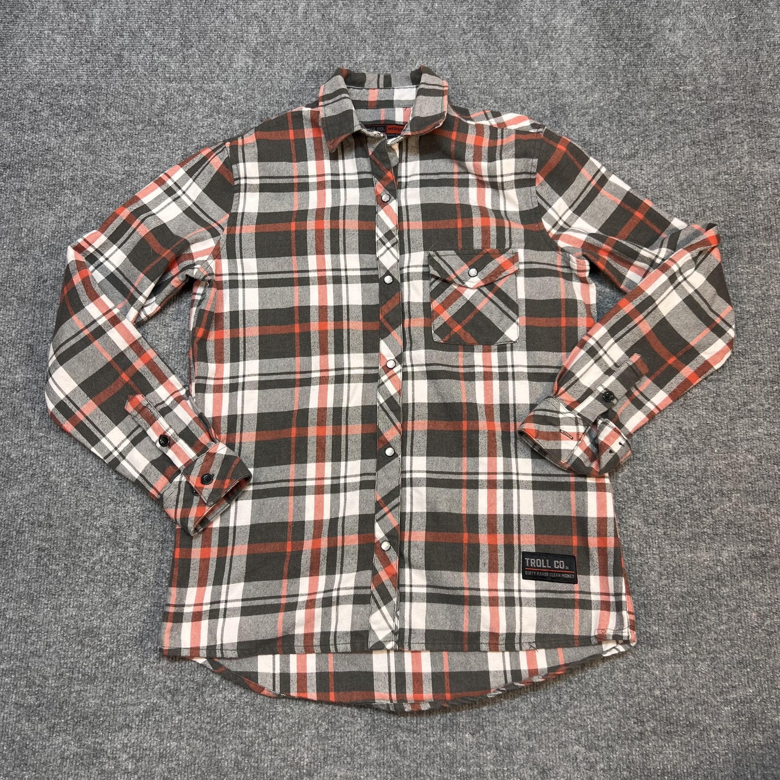 Troll Co Dirty Hands Clean Money Shirt Mens Medium Gray Plaid Flannel Snap Front