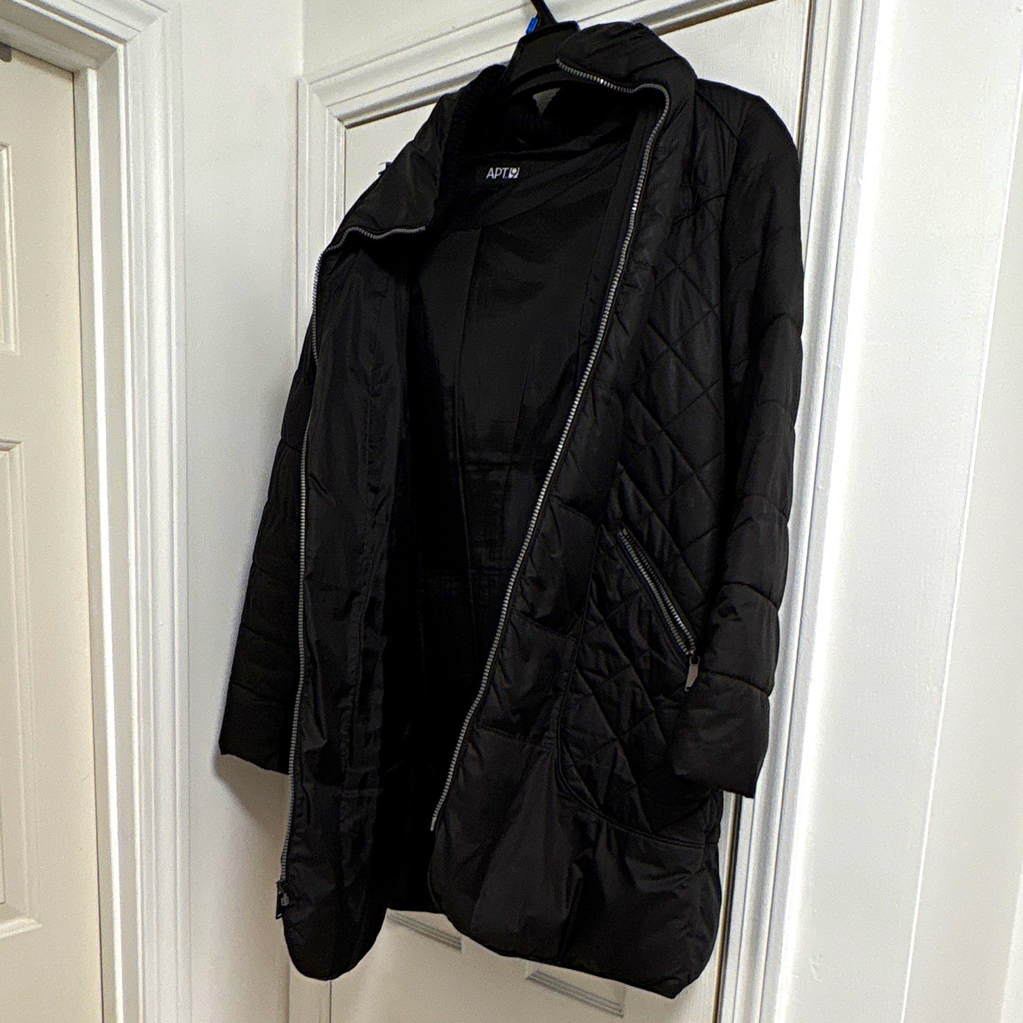 APT. 9 Women’s L Black Puffer Mid-Length Hooded Faux Fur Trim Zip Lined Coat