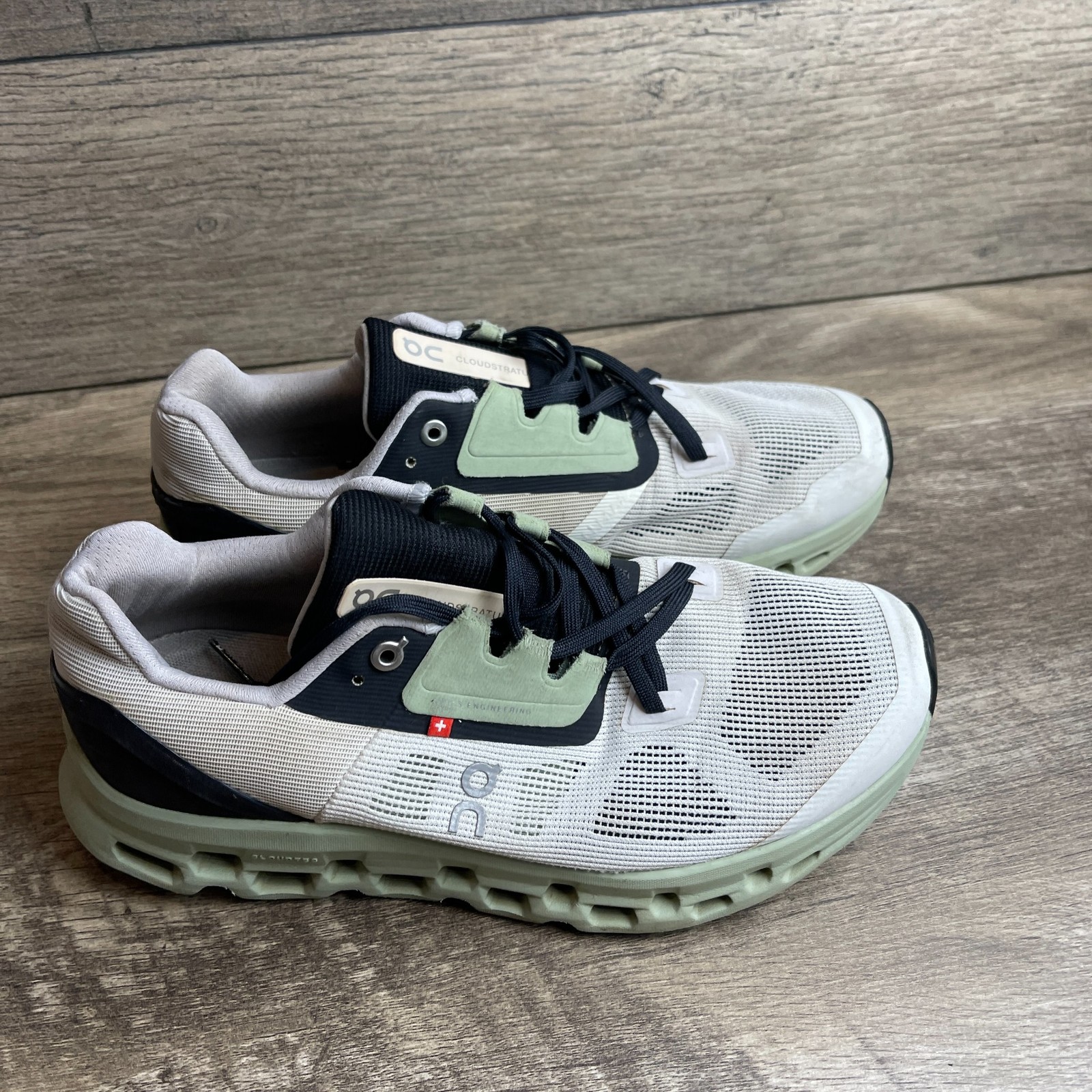 On Cloudstratus 39-98997 Women 9 Running Shoes White Black Sage Athletic Sneaker