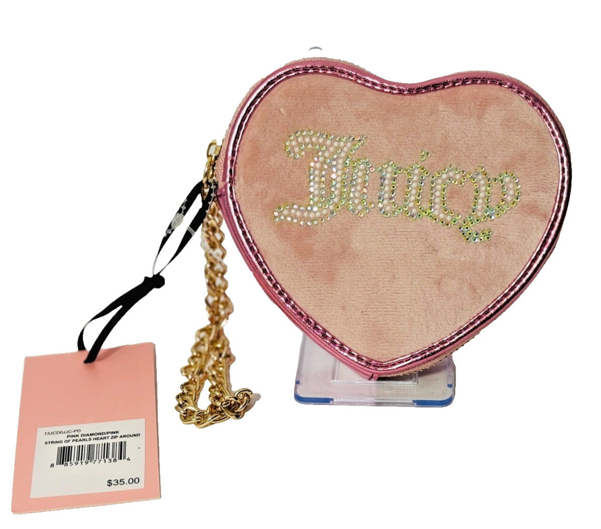 Juicy Couture Heart Shaped Wristlet Purse Pink Velvet Rhinestone Gold Chain