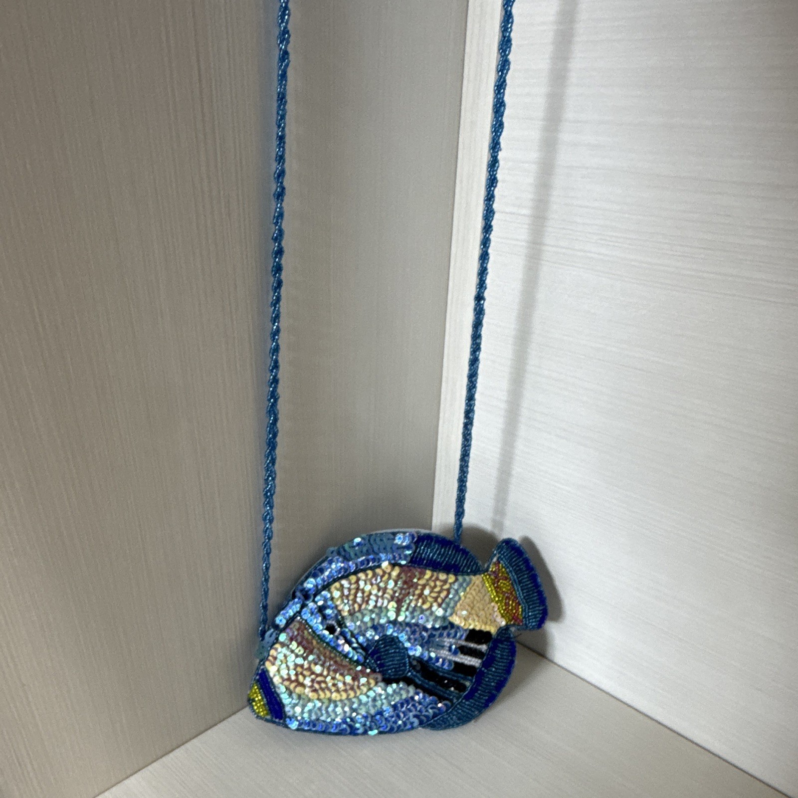 Maxi By Design Blue Multicolor Fish Crossbody Bag Beaded Sequin Zip Lined
