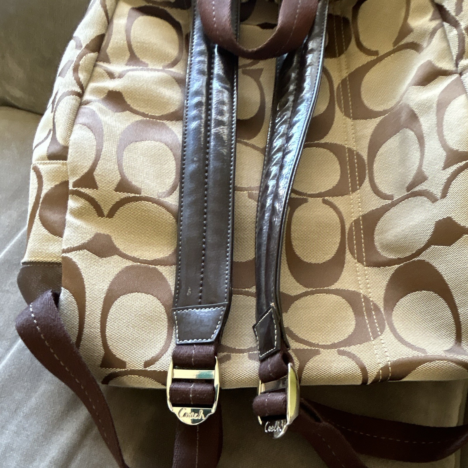 Coach Signature Logo Medium Zip Backpack w/ Front Pocket, Brown Beige
