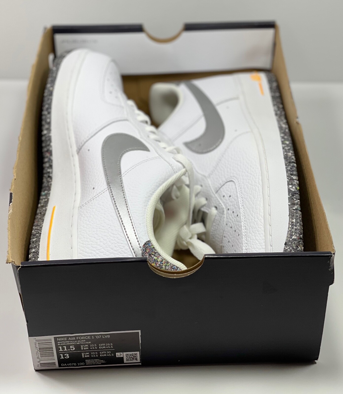 NIKE AIR FORCE 1 ’07 LV8 WHITE/METALLIC SILVER DA4676 100 US MEN SZ 11.5