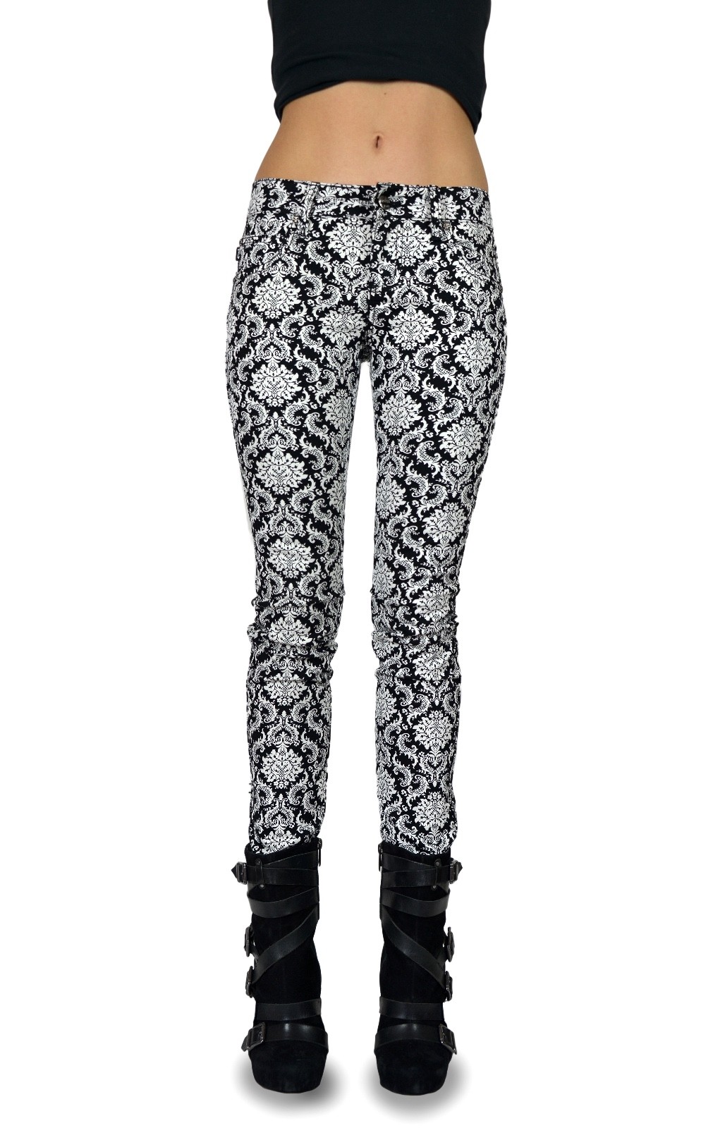 TRIPP EMO GOTH PUNK ROCKER WHITE/BLACK BROCADE JEAN PANTS SKINNY METAL IS6235P