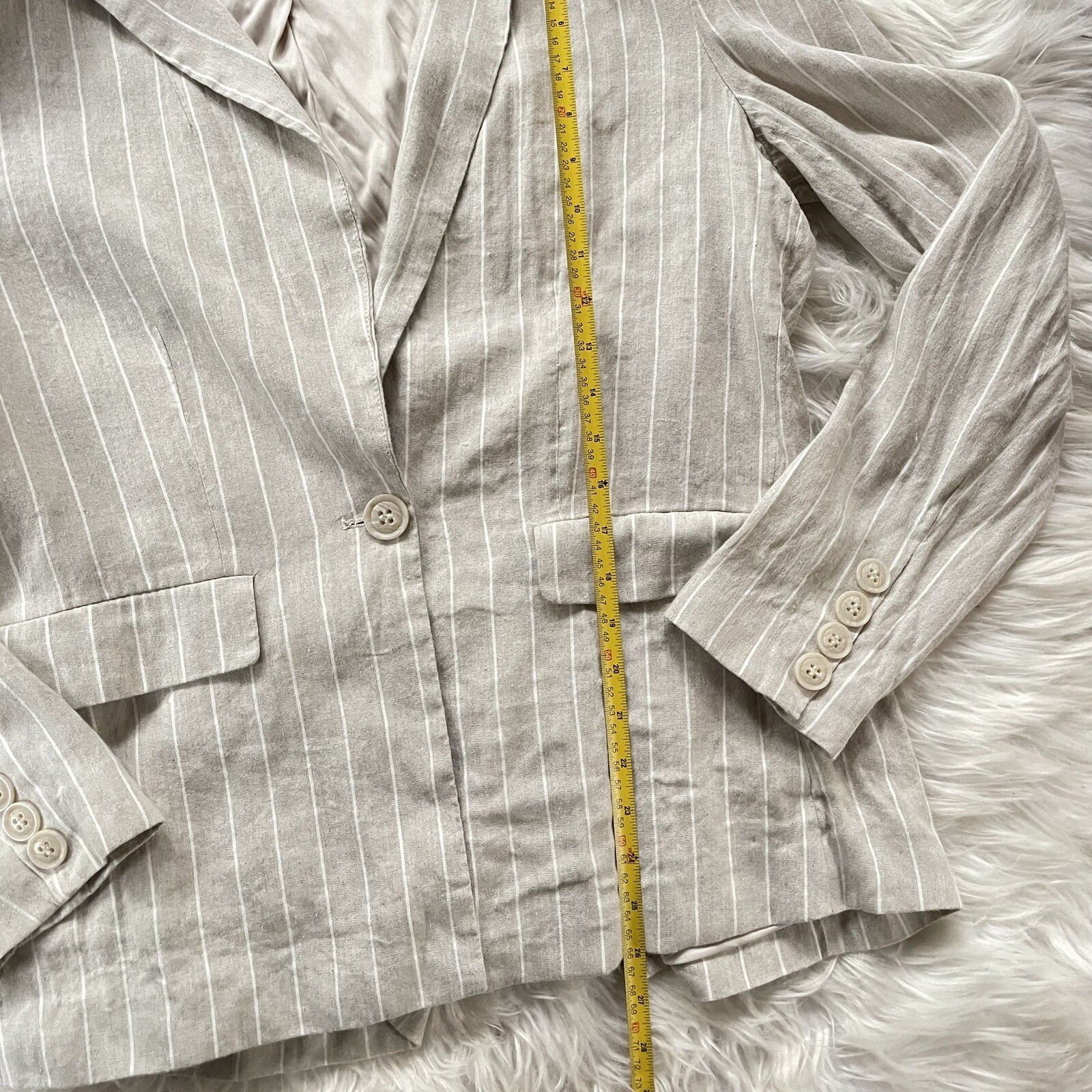 Evereve Clarkson Blazer Womens Large Linen Tan Pinstripe Office Academia Preppy