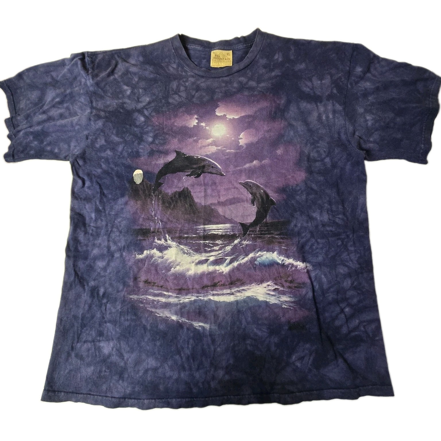 Vintage The Mountain Dolphin Short Sleeve Shirt XL Purple Tie Dye Nature Ocean