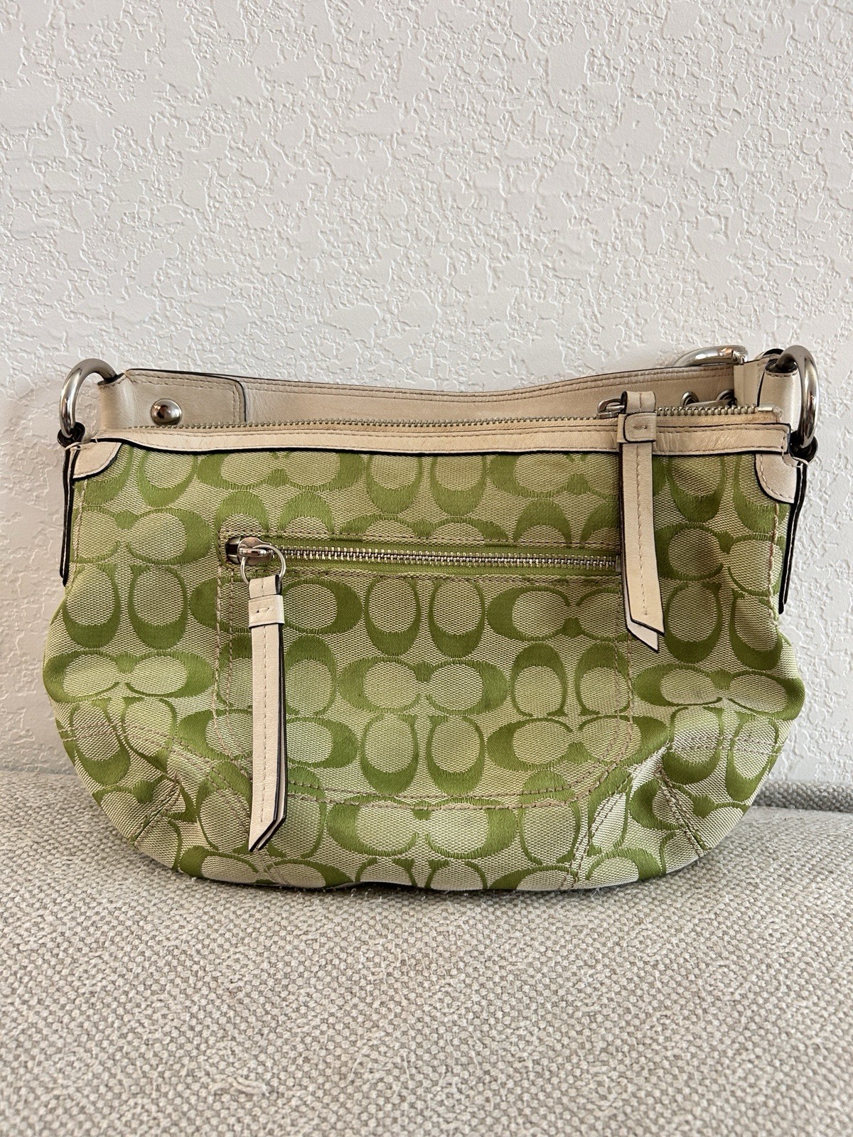 Coach APPLE GREEN Signature Canvas White Leather Trim Shoulder Bag Y2K Rare