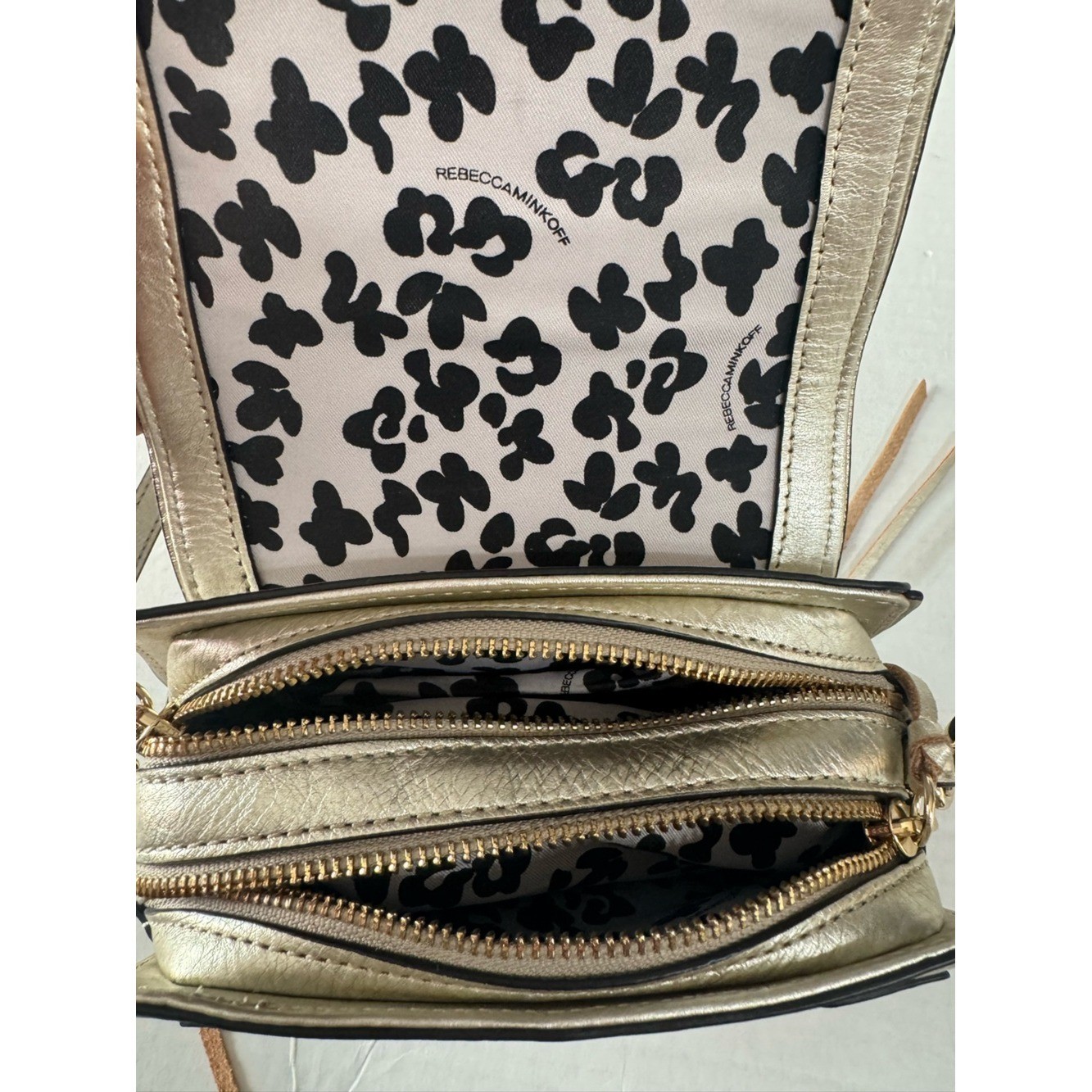 Rebecca Minkoff Gold Metallic Leather Double Zip Mini Saddle Crossbody Bag Y2K