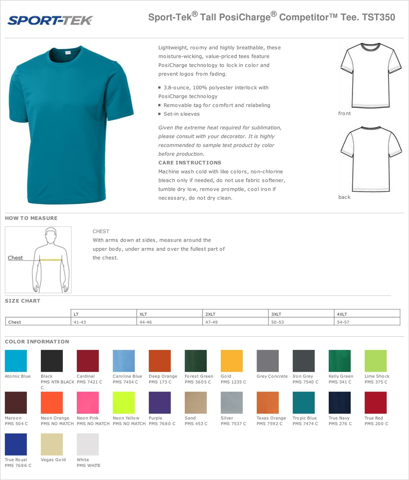Sport Tek Men’s Dri-Fit PosiCharge Workout S-4XL Big Tall T-Shirt M-TST350