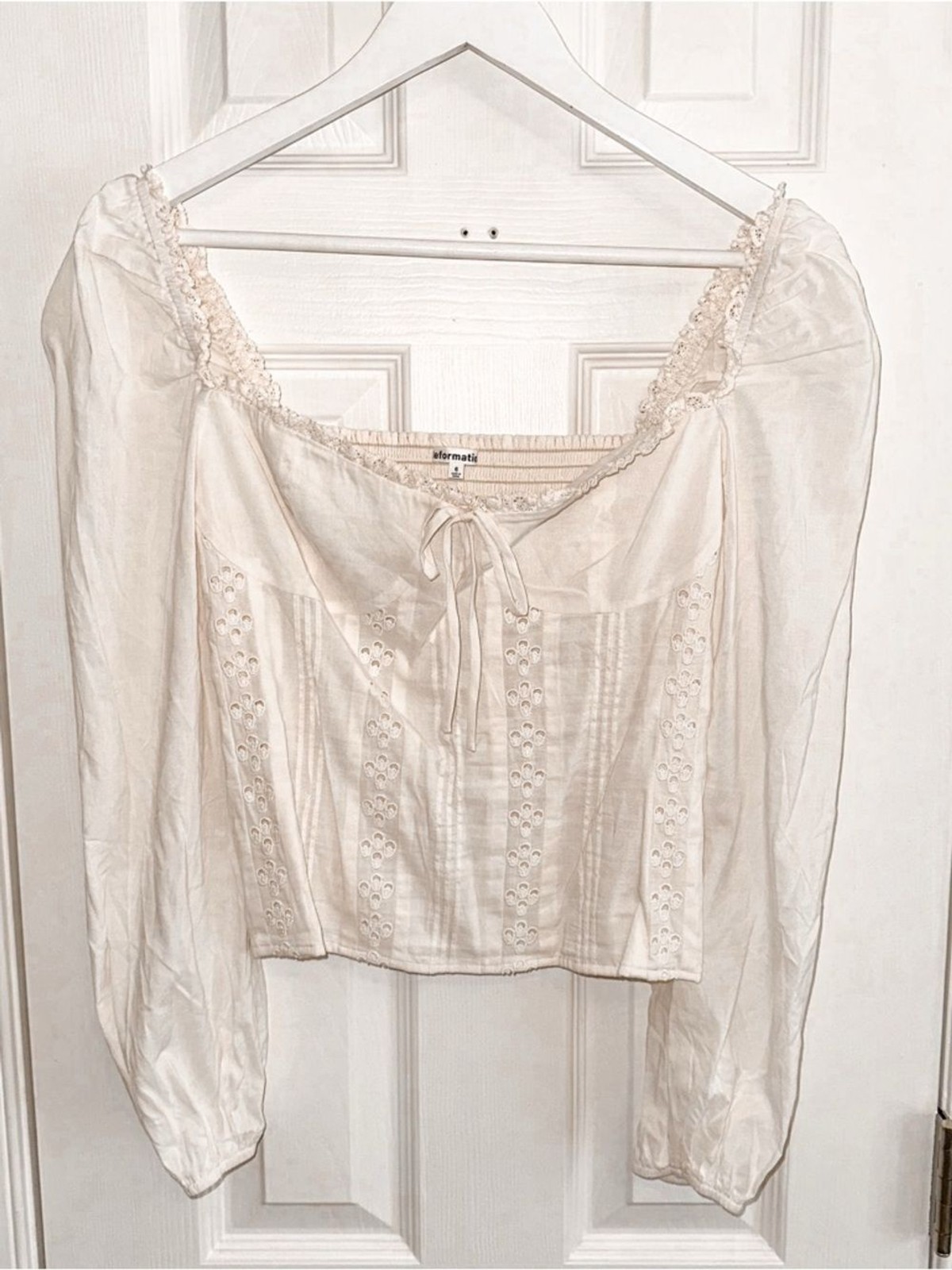 Reformation Isadora Top Cream Eyelet Tie-Front Peasant Blouse