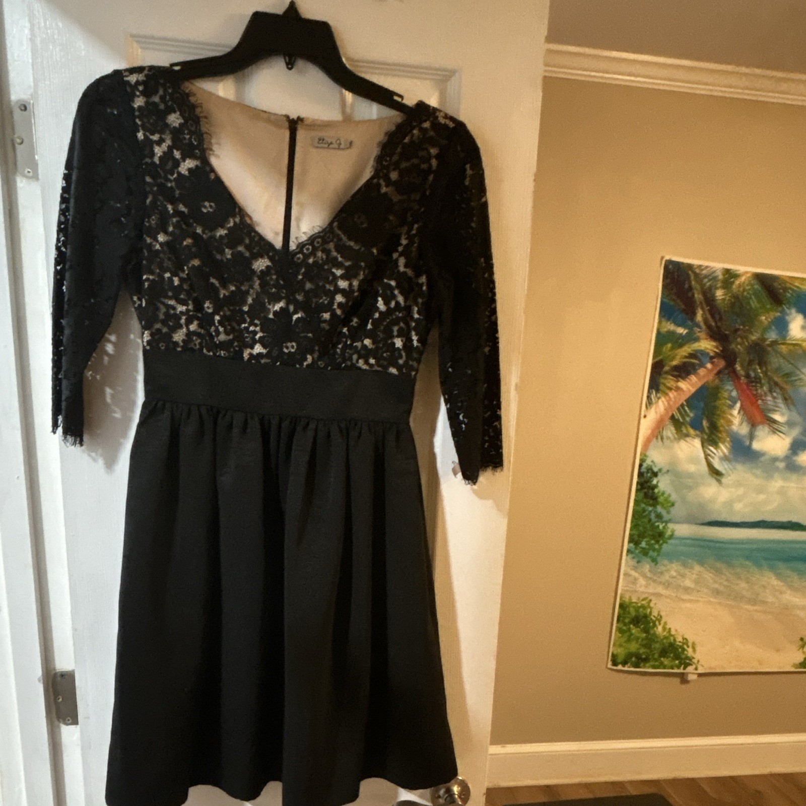 Eliza J Lace Fit & Flare V-Neck Lined Knee Dress Black/Beige Size 4