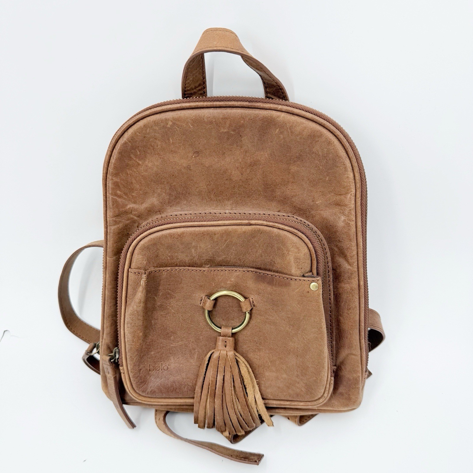 Bolo Brown Genuine Leather Mini Backpack Purse Tassel Front Pocket YKK Zip Boho