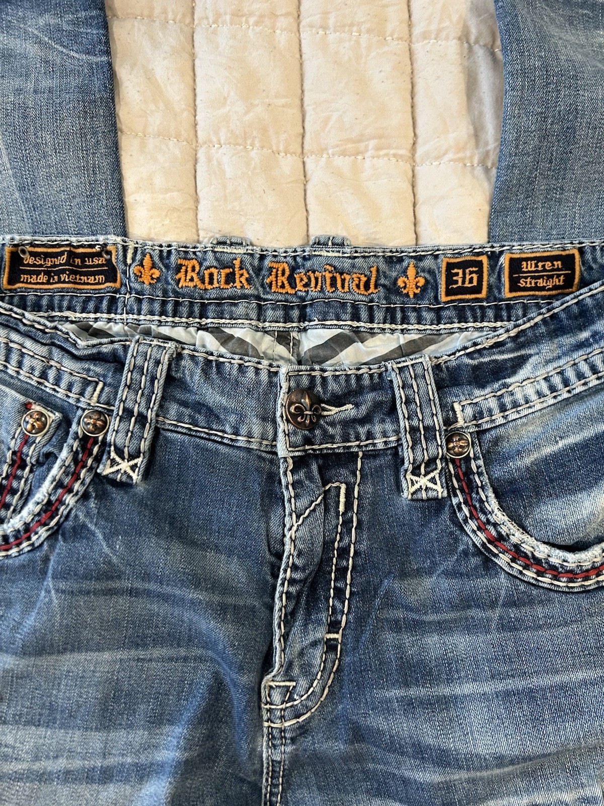 Rock Revival Men’s Blue Medium Wash Straight Fit Distressed Denim Jeans 5-Pocket