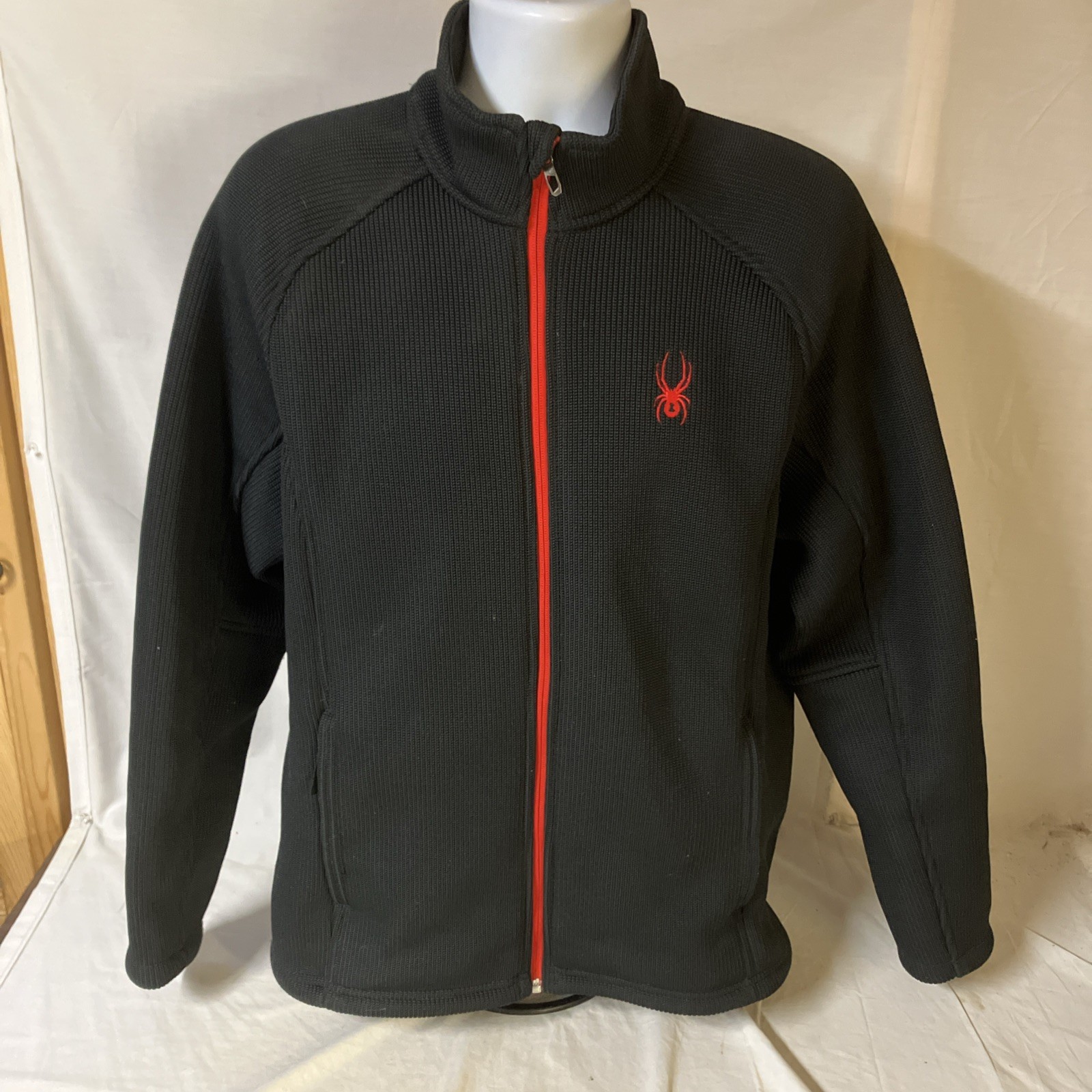 Spyder Activewear Mens Full Zip Jacket Sweater Ribbed Black w/ Red Trim FS!