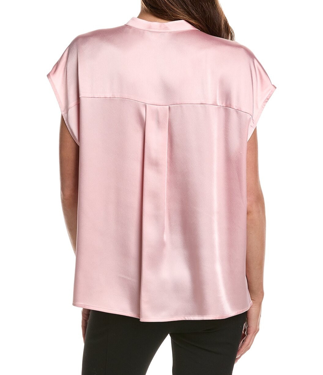 Vince M Medium Womens Blouse Rose Pink Satin Split V Cap Sleeve Popover $295