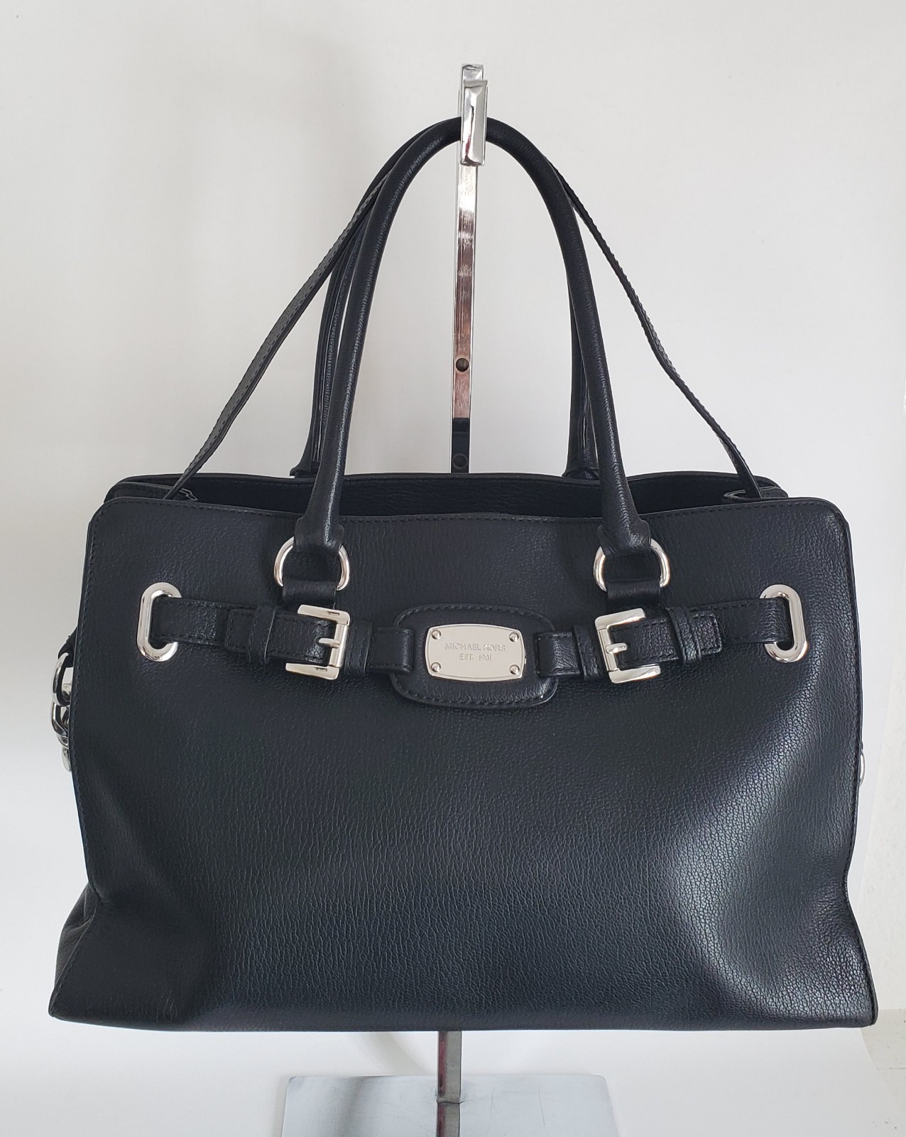 MK HAMILTON BLACK PEBBLED LEATHER SATCHEL HAND BAG SILVERSTONE HARDWARE MEDIUM