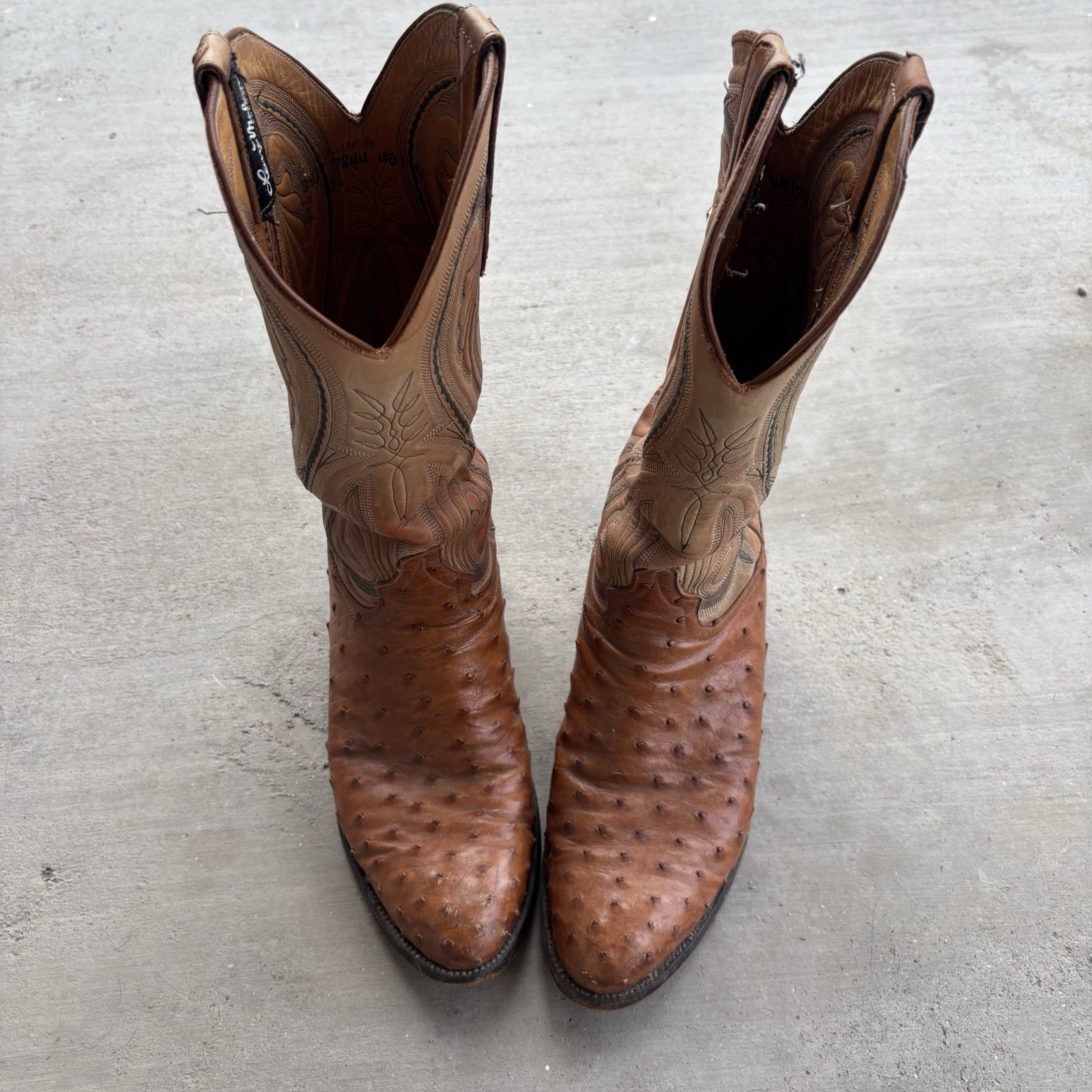 Larry Mahan Full Quill Ostrich Leather Cowboy Boots Cognac Brown Sz 9.5 Vintage
