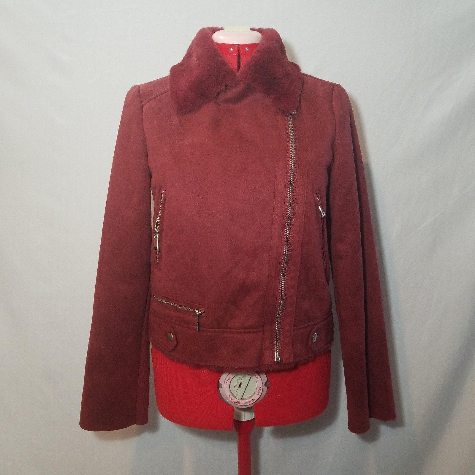 Womens Biker Faux Suede Maroon Red Moto Jacket Furry Lining PLEASE SEE DESCRIPTI