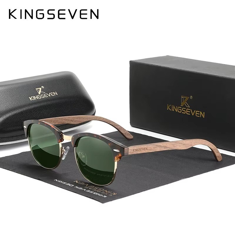 KINGSEVEN Polarized Walnut Wood Sunglasses UV400 Round Frame Men Women