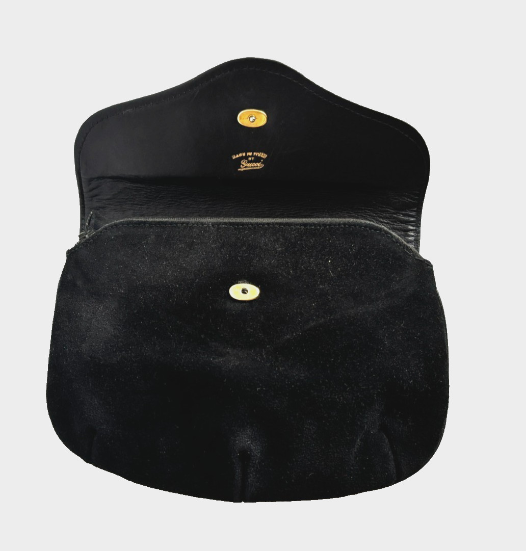 Vintage Gucci Black Suede Leather Clutch Enamel GG Logo Original Box