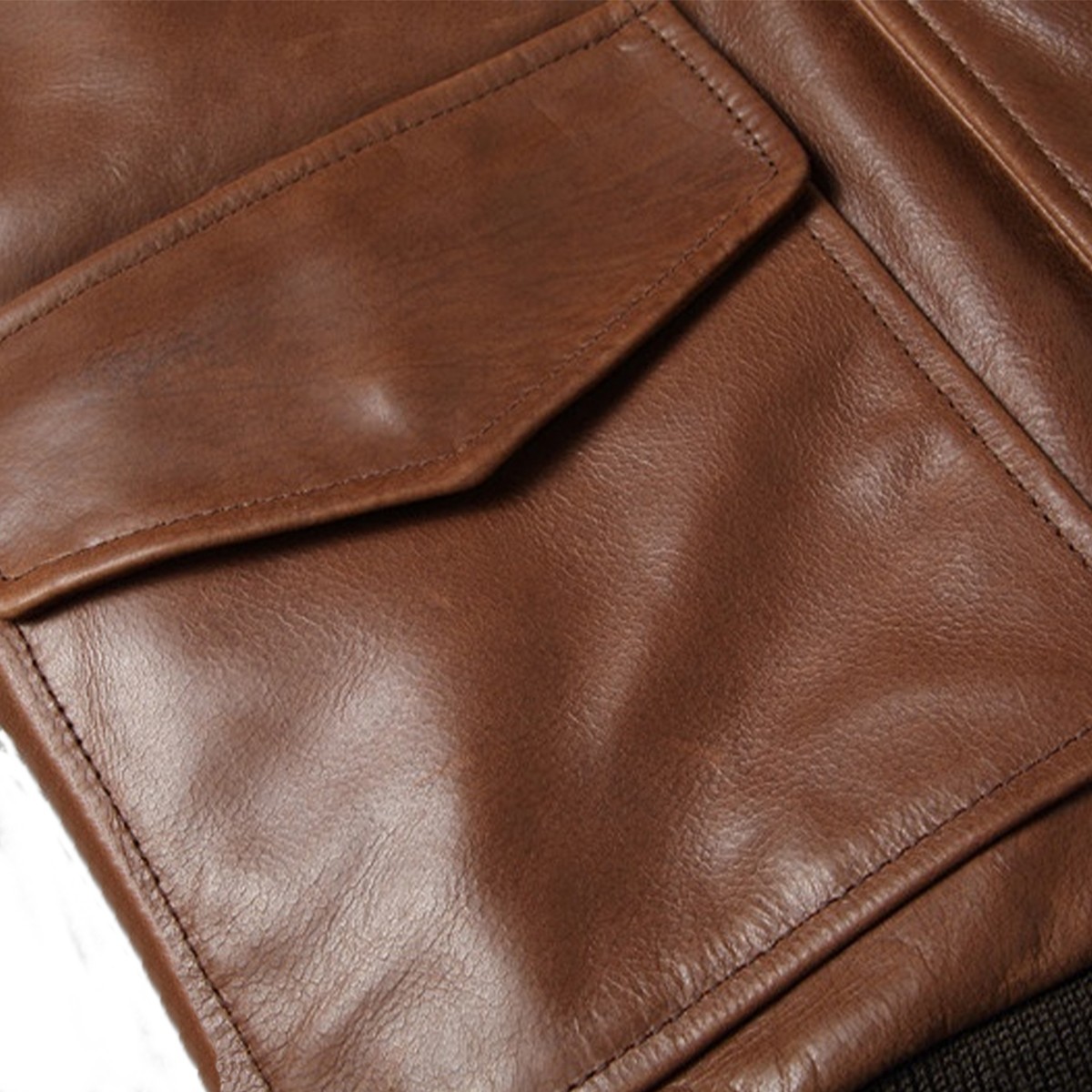 Men’s Brown Leather Jacket Bomber Coat Zip Front Ribbed Cuffs Pockets Jacket