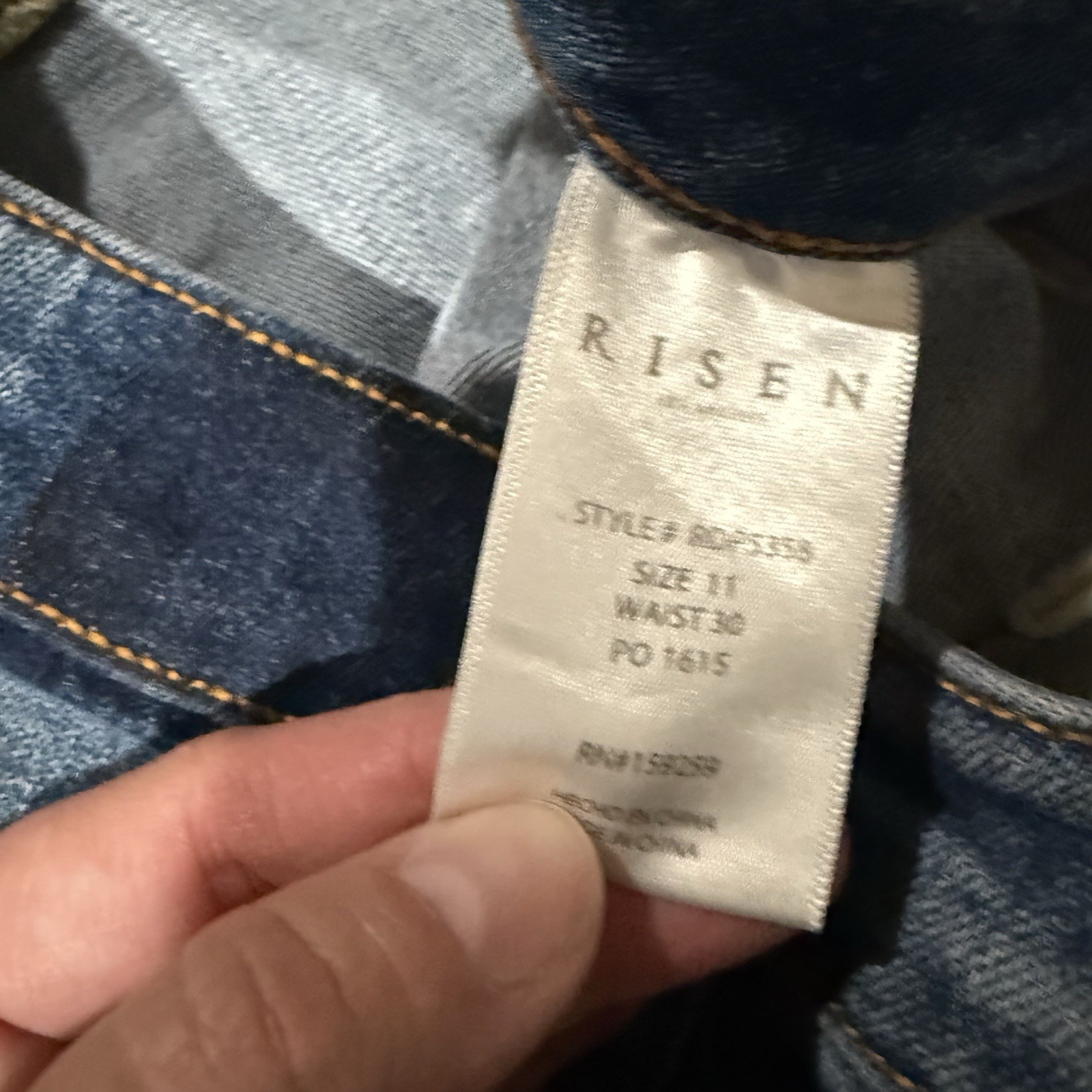 Risen Jeans High Rise Front Slit Frayed Flare Distressed Blue Denim Sz 11/30