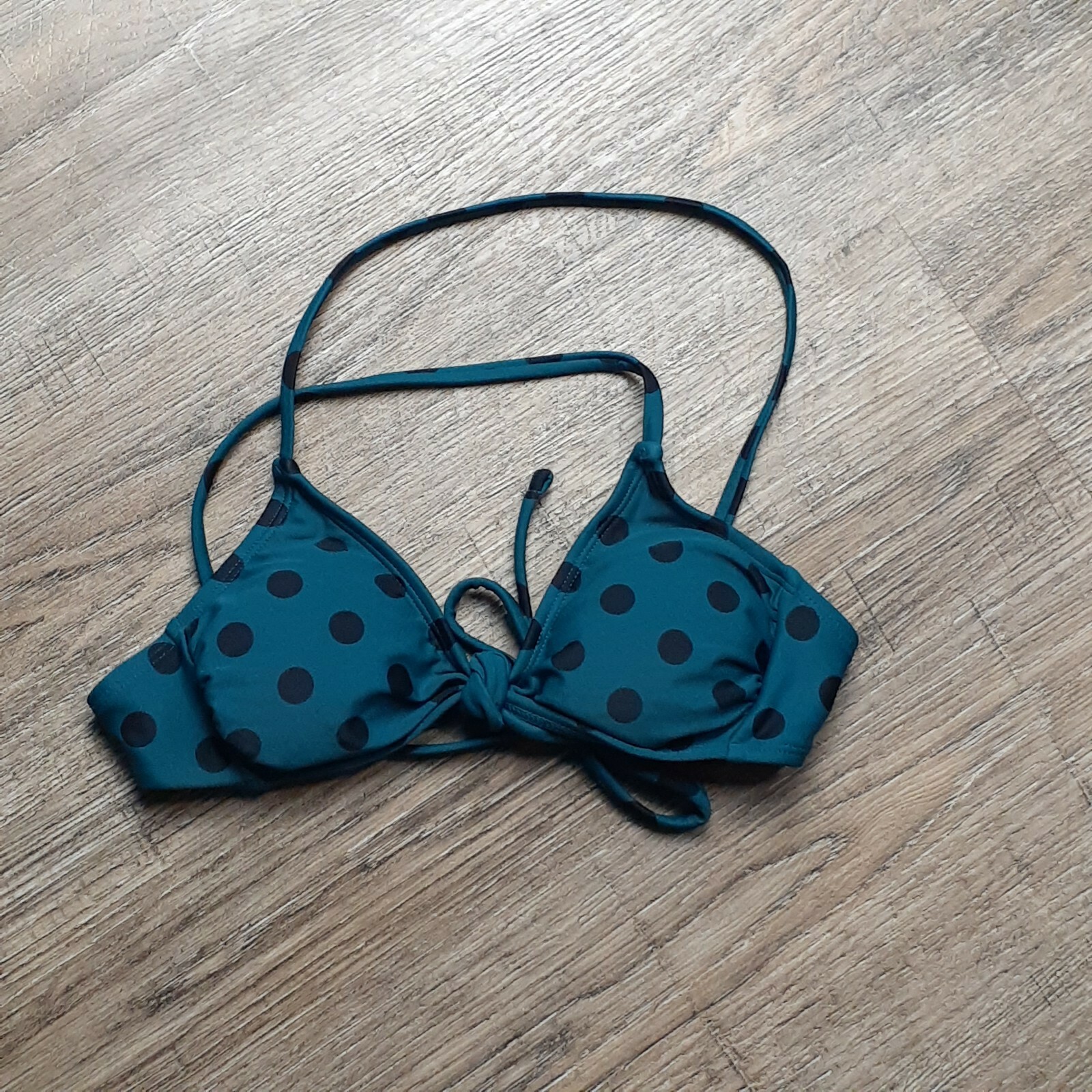 Xhilaration NWT Halter Swimsuit Bikini Top ~ Sz XS ~ Dark Teal ~ Black Dots