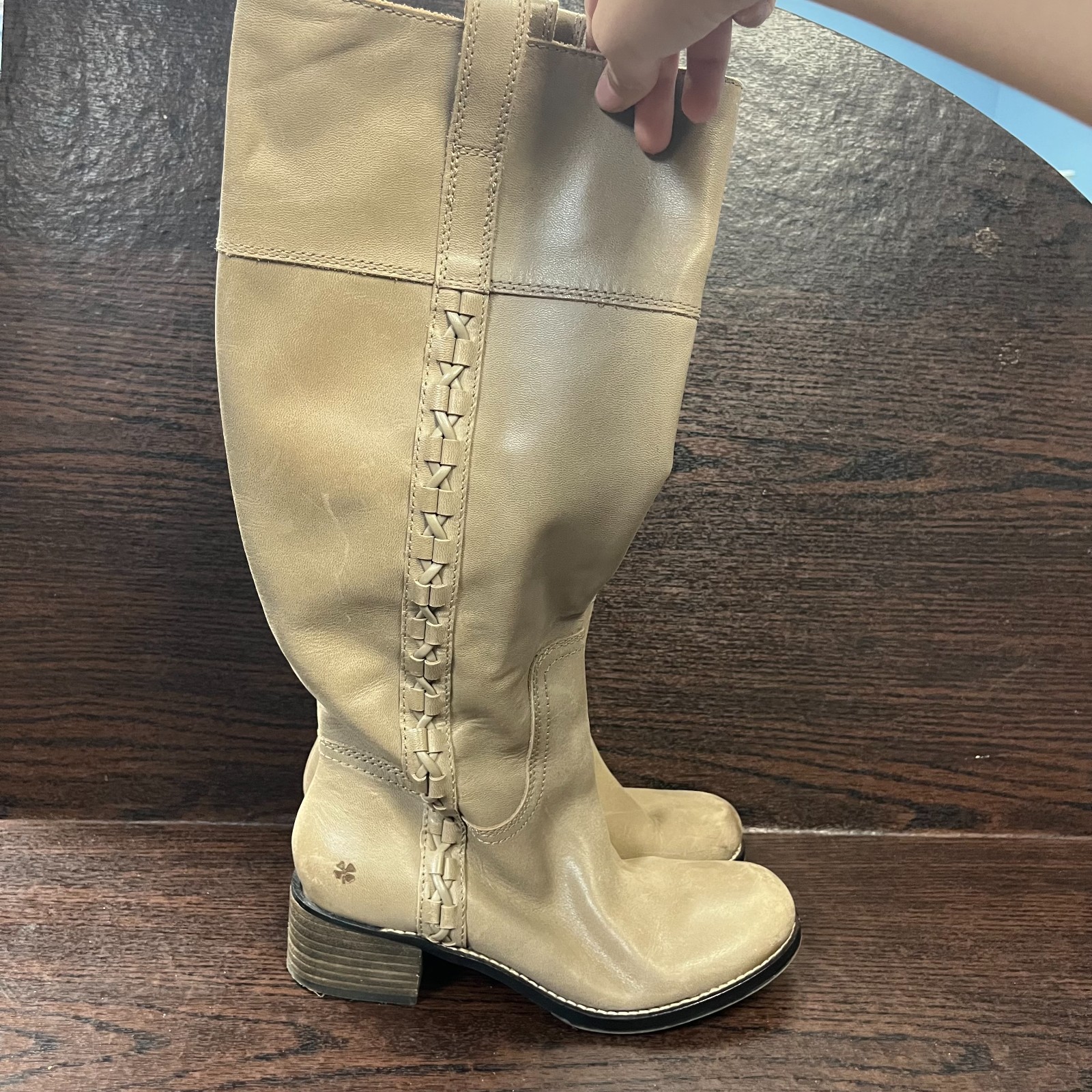 Lucky Brand Women’s Hidranja Knee High Boot 7M Beige Leather Stacked Heel Woven