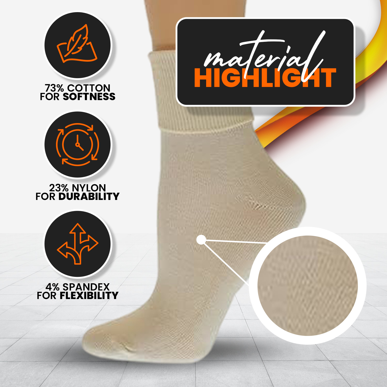 Turn Cuff Organic Cotton Seamless Toe 3 Pair Soft Socks, Women Active Wear Socks