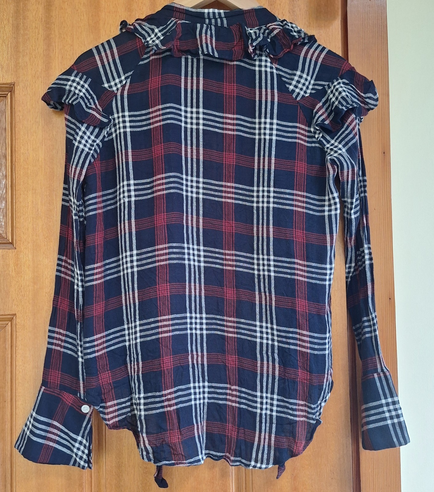 Veronica Beard Navy/Red/White Plaid Gauze Ruffle Collared Button-Front Blouse 4