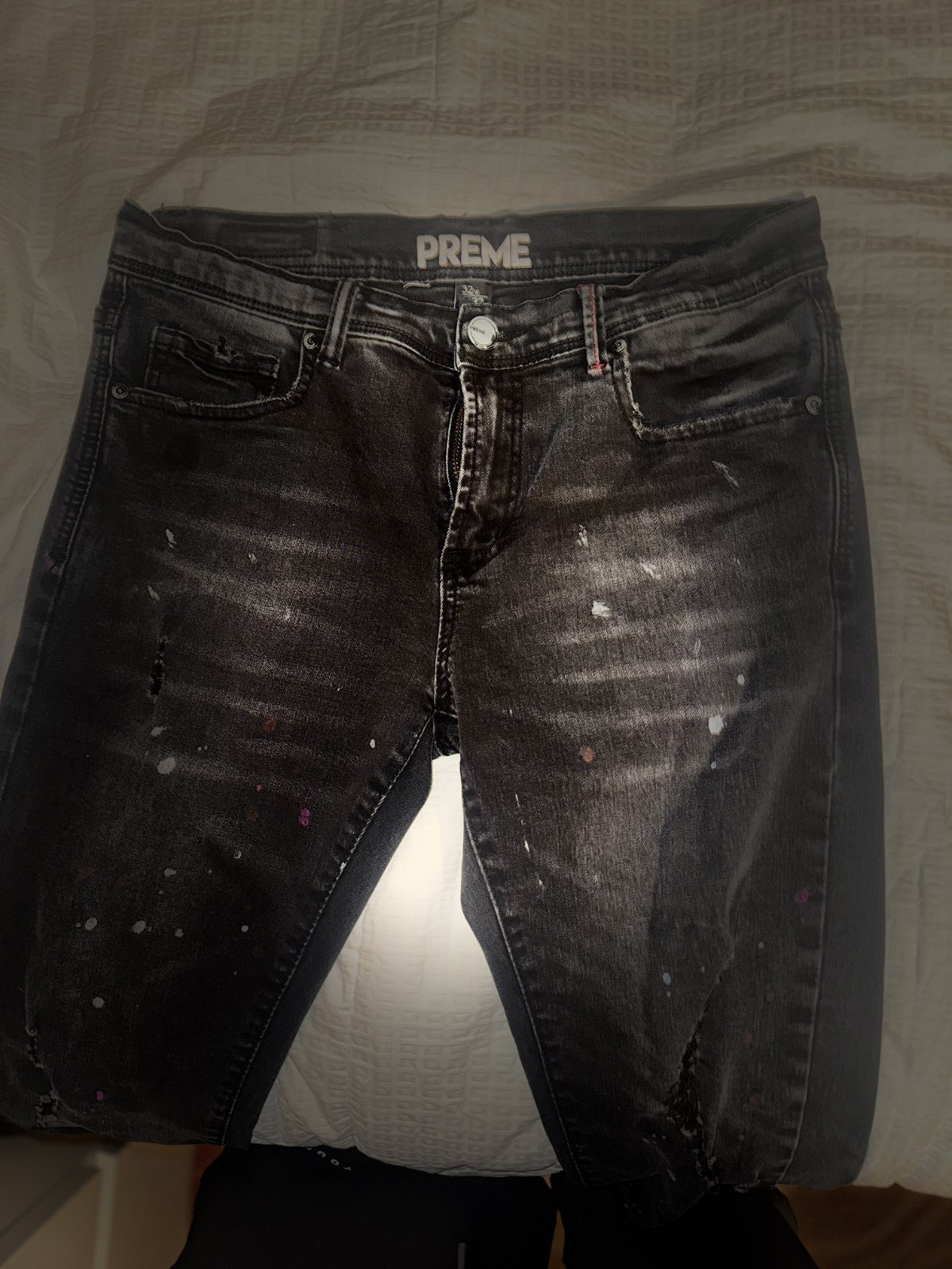 PREME Paint Splatter Distressed Skinny Jeans 32×32 Black Designer Style Denim