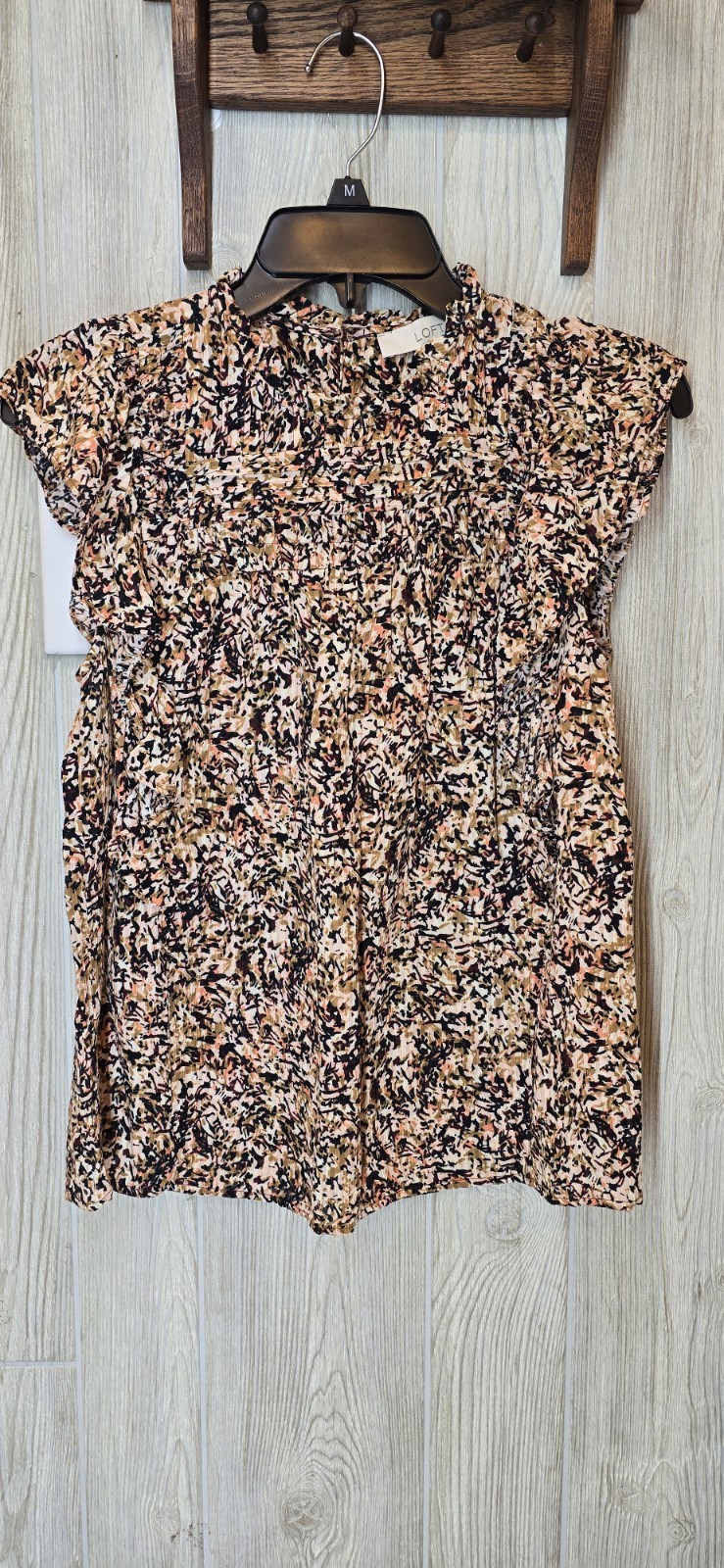 LOFT Petite SP Abstract Print Round Neck Cap Sleeve Pullover Blouse Beige