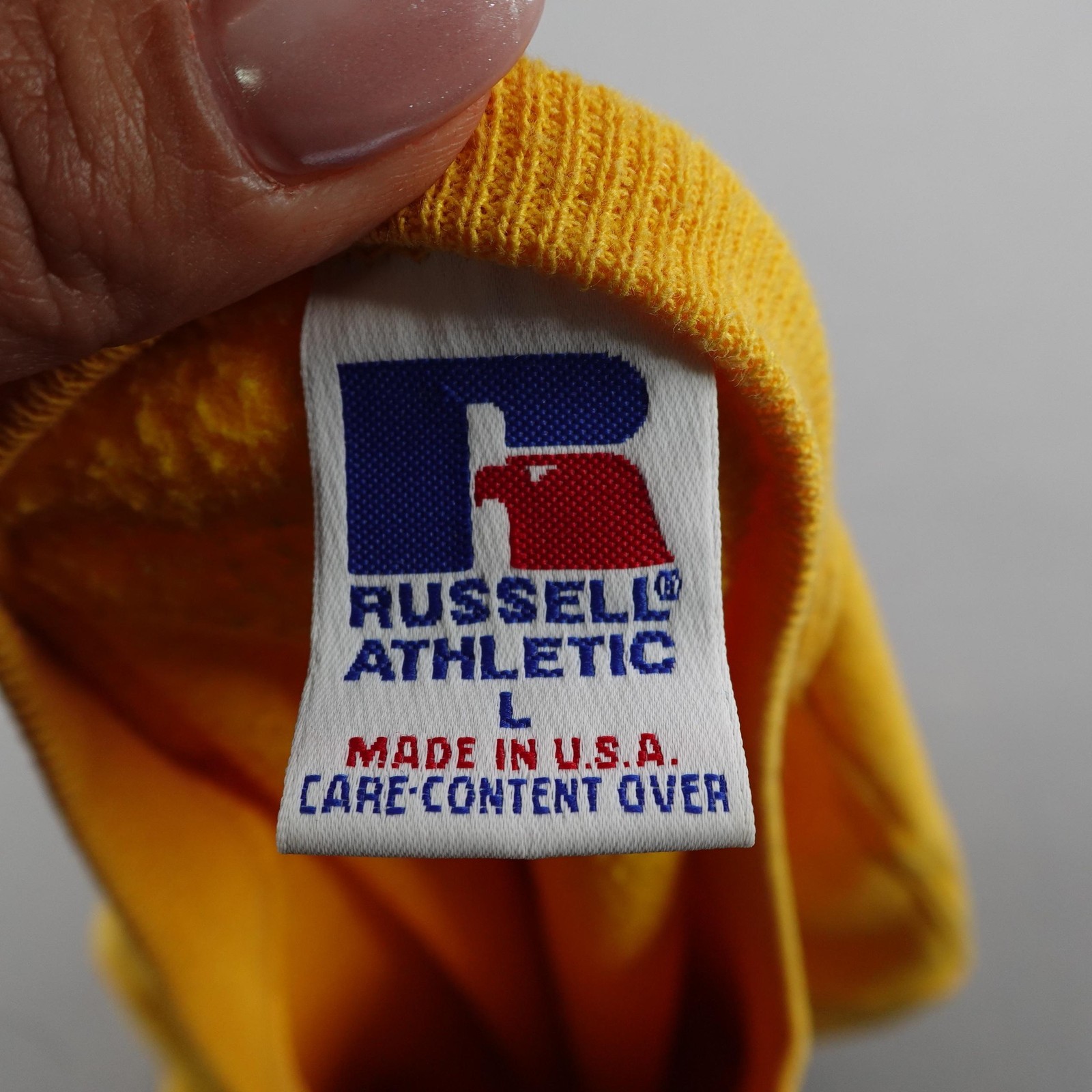 Vintage Russell Athletic Sweatshirt Mens Large Yellow Crewneck Pullover USA 90s