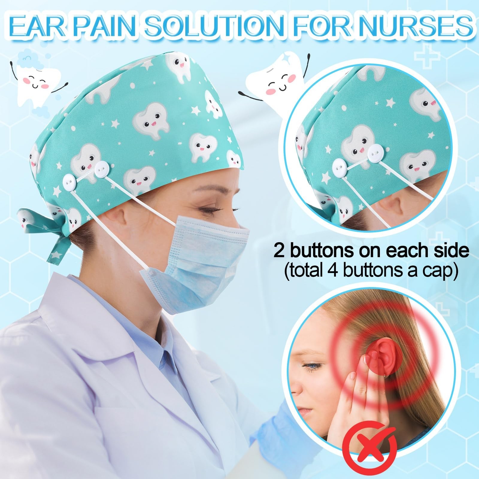 Hercicy 12 Pcs Satin Lined Scrub Caps with Buttons Sweatband, Adjustable Elas…