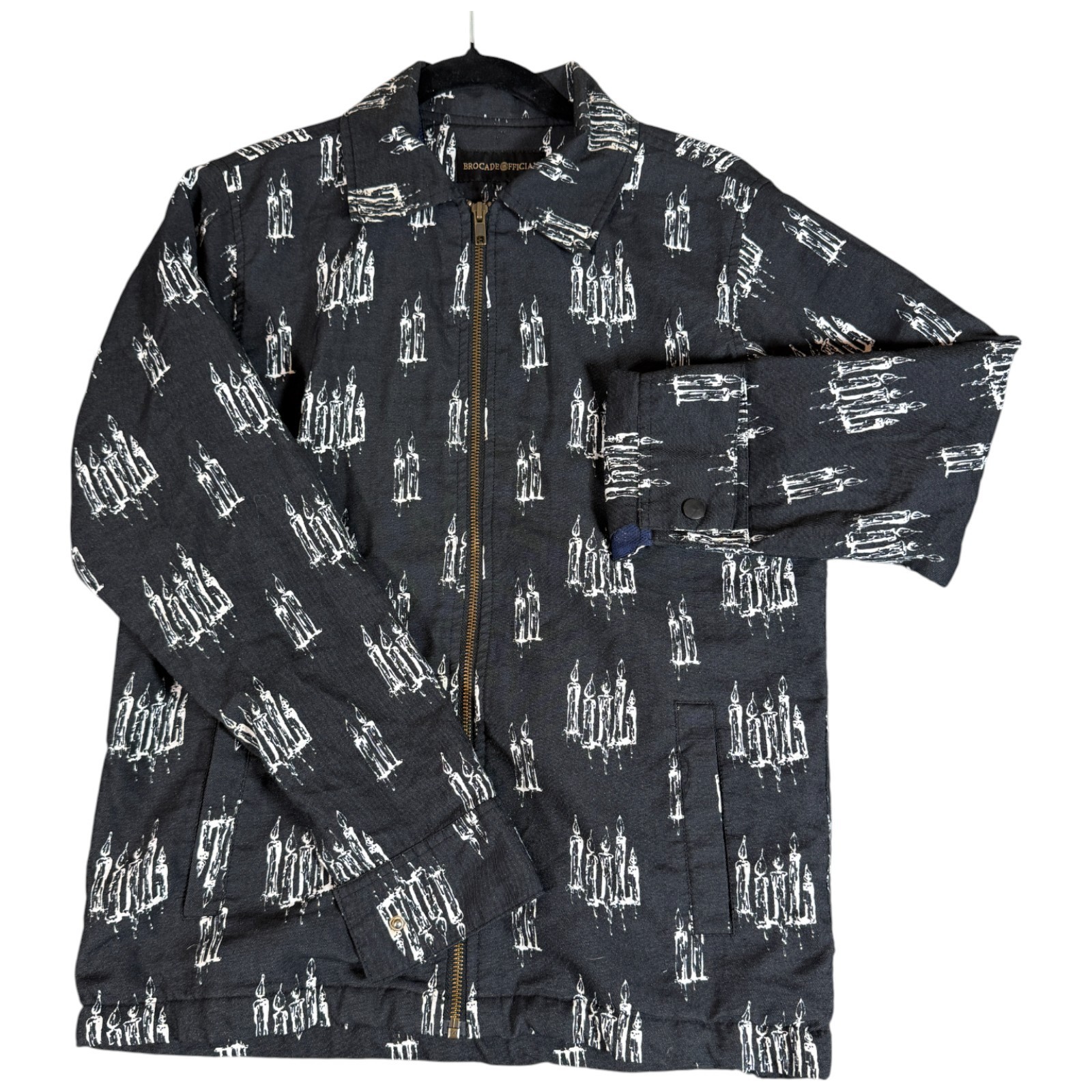 Brocade Official Denim Jacket Mens M Black All Over Print Point Collar Outdoor
