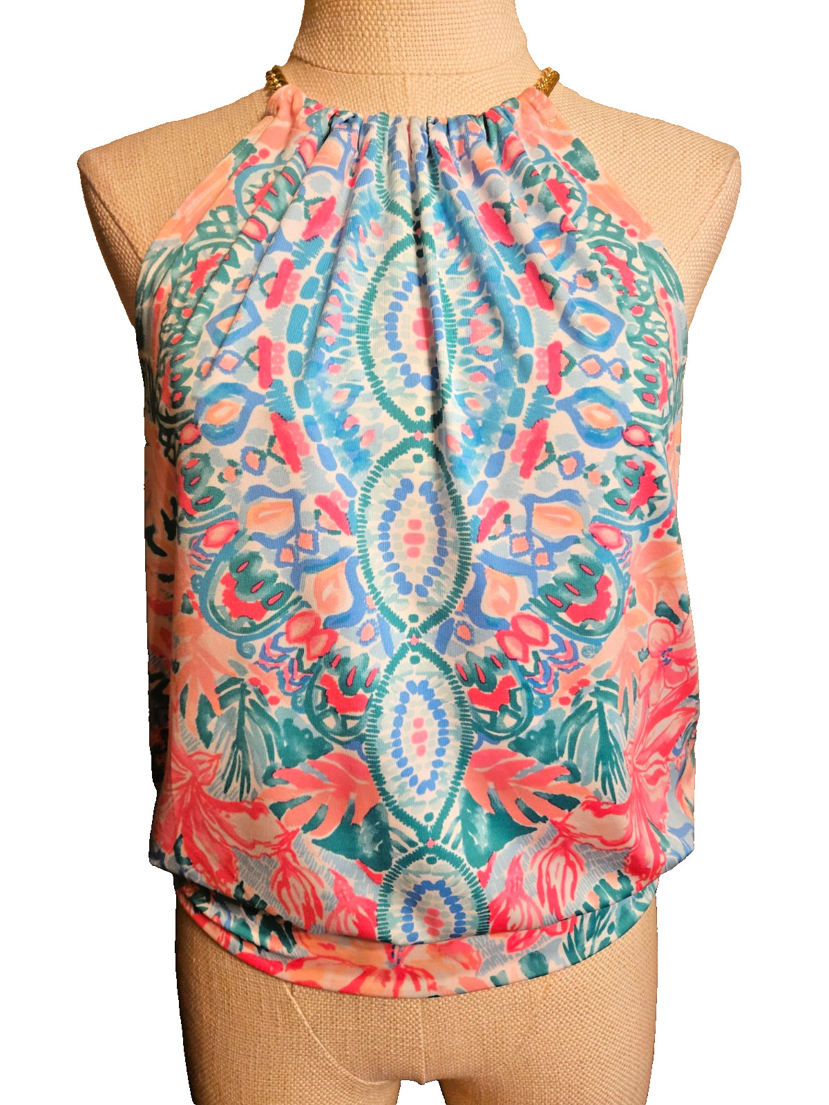LILLY PULITZER size S Halter Top Bowen Hot Tamale Print Gold Chain Keyhole EUC