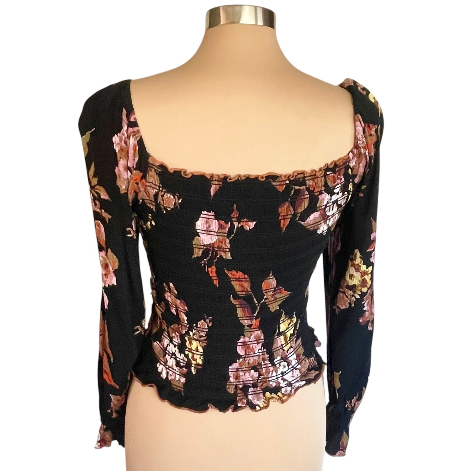 Hem & Thread Dark Floral Y2K Crop Top Womens L Smocked Milk Maid Fairy Grunge