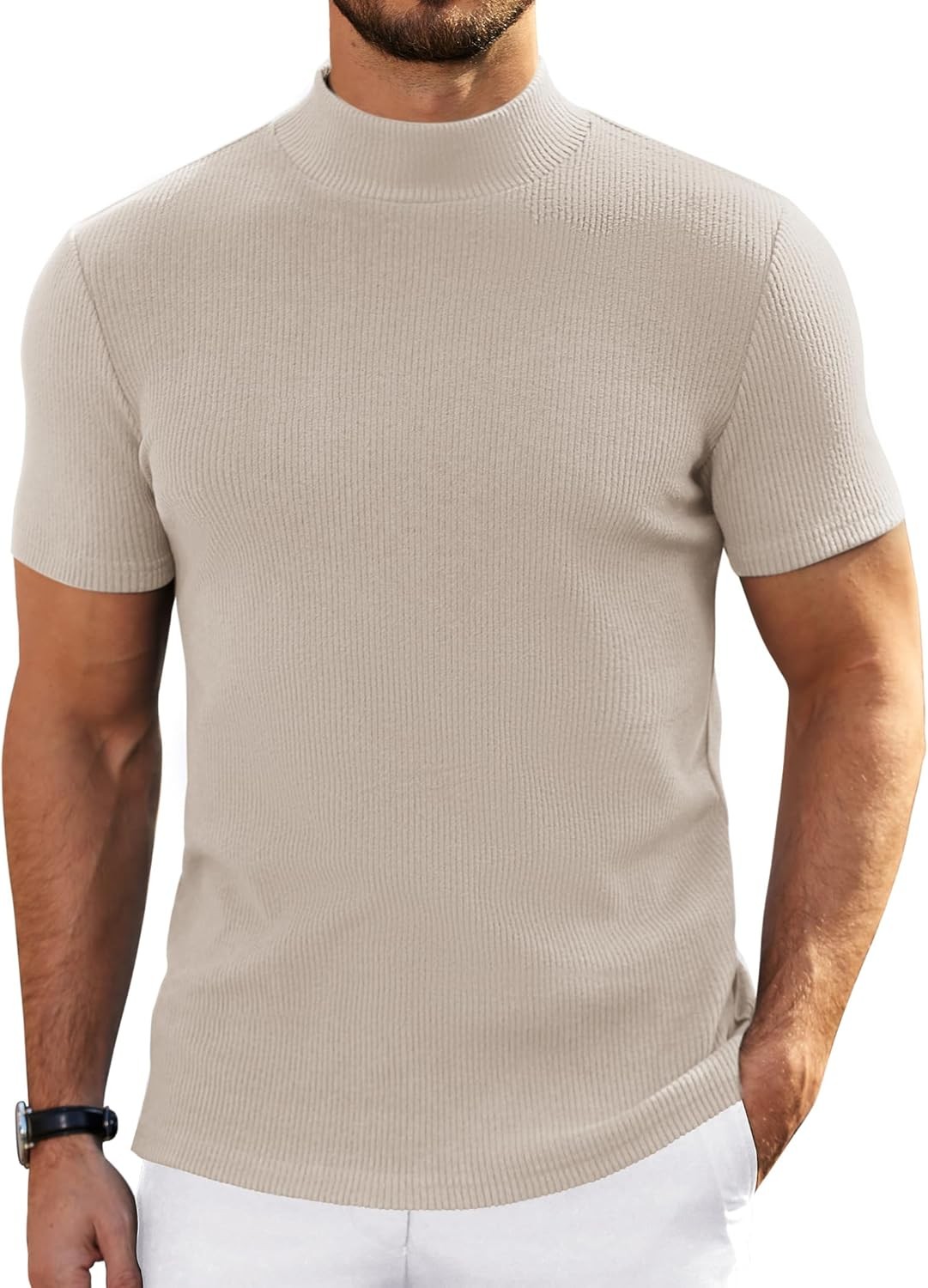 Mens Short Sleeve Mock Turtleneck Sweater Casual Ribbed Knit Pullover Top Tee