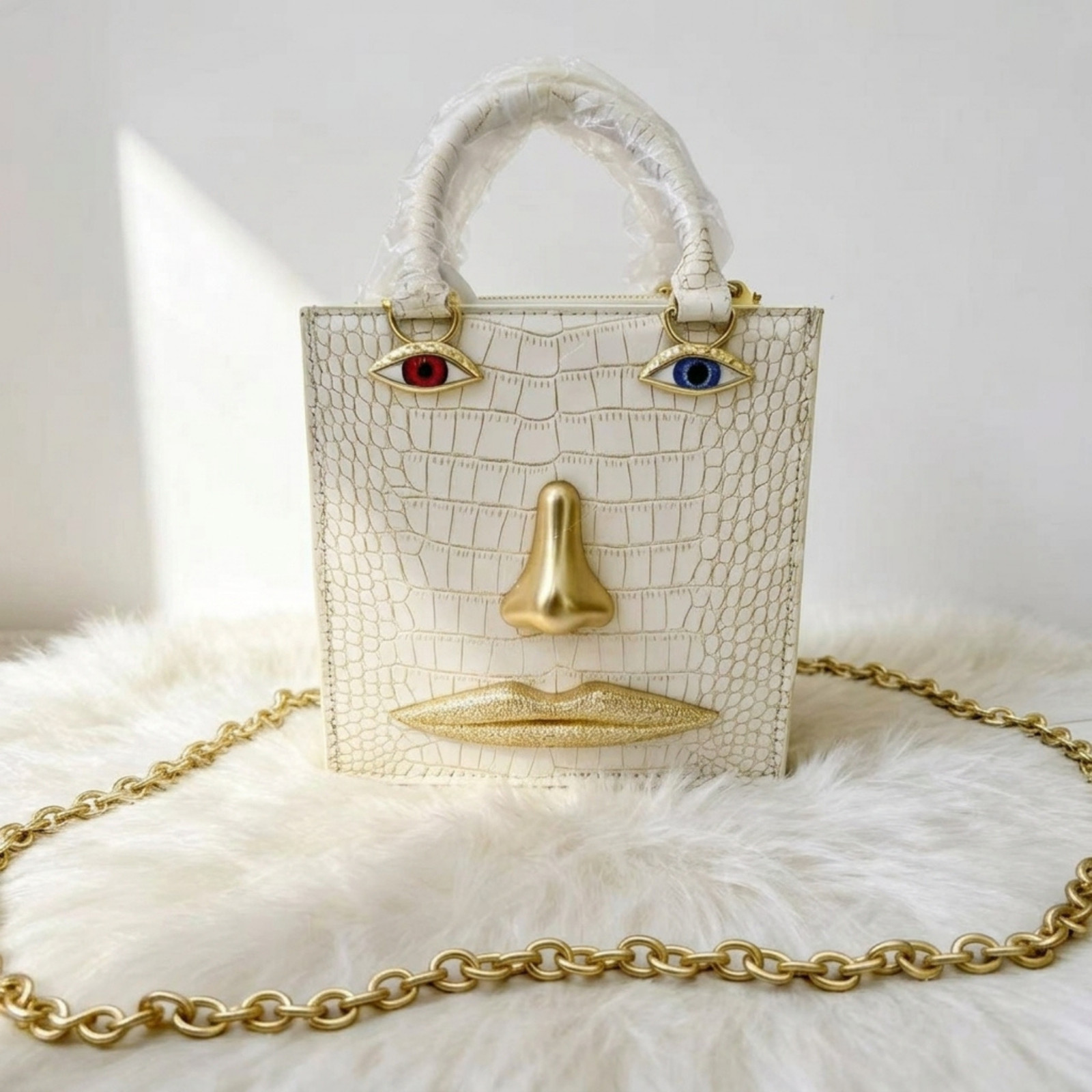 White Mini Tote Bag Sculptural Crossbody Purse Gold Chain Statement Handbag