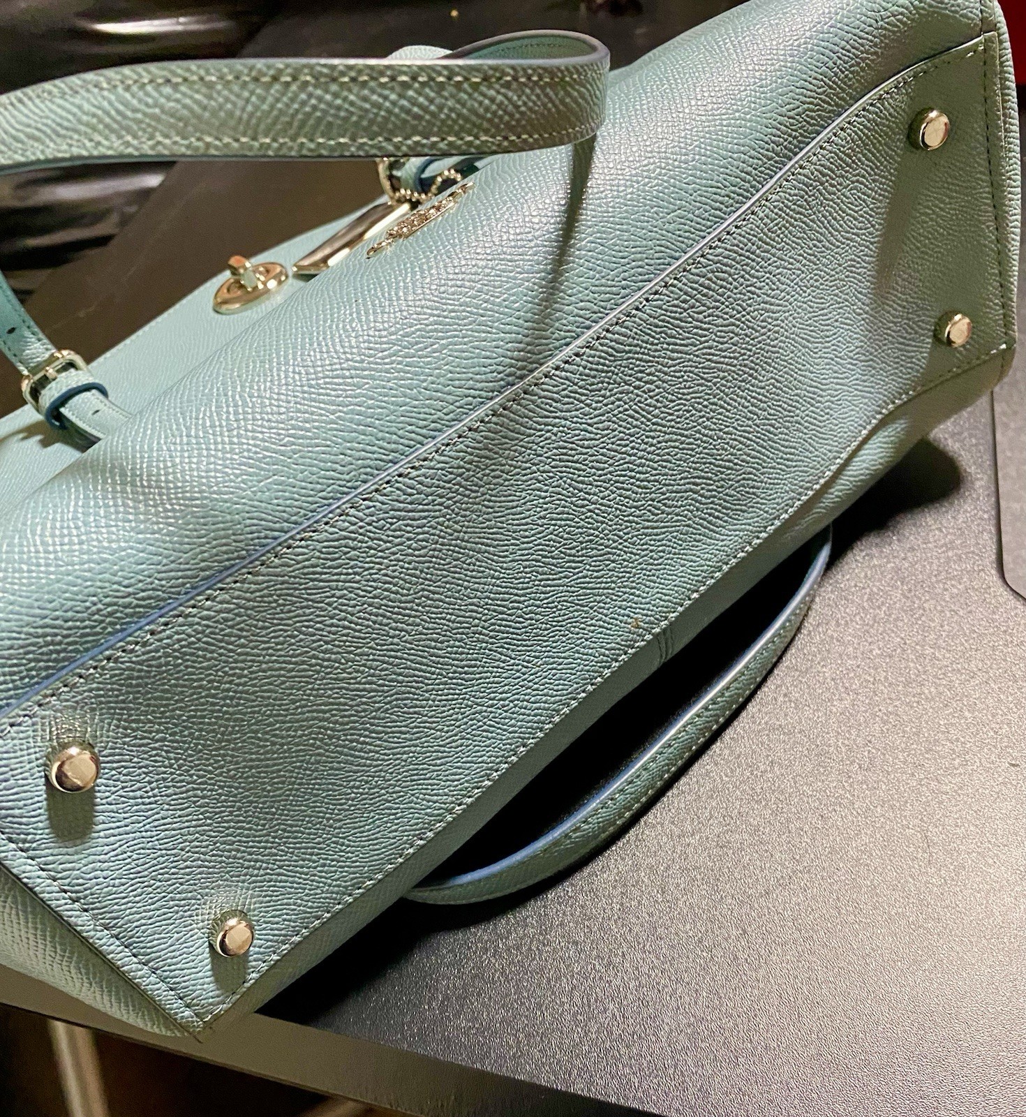 Coach Blue Pebbled Satchel Handle w/ Detachable Strap, Zip Turn Lock Carryall 29