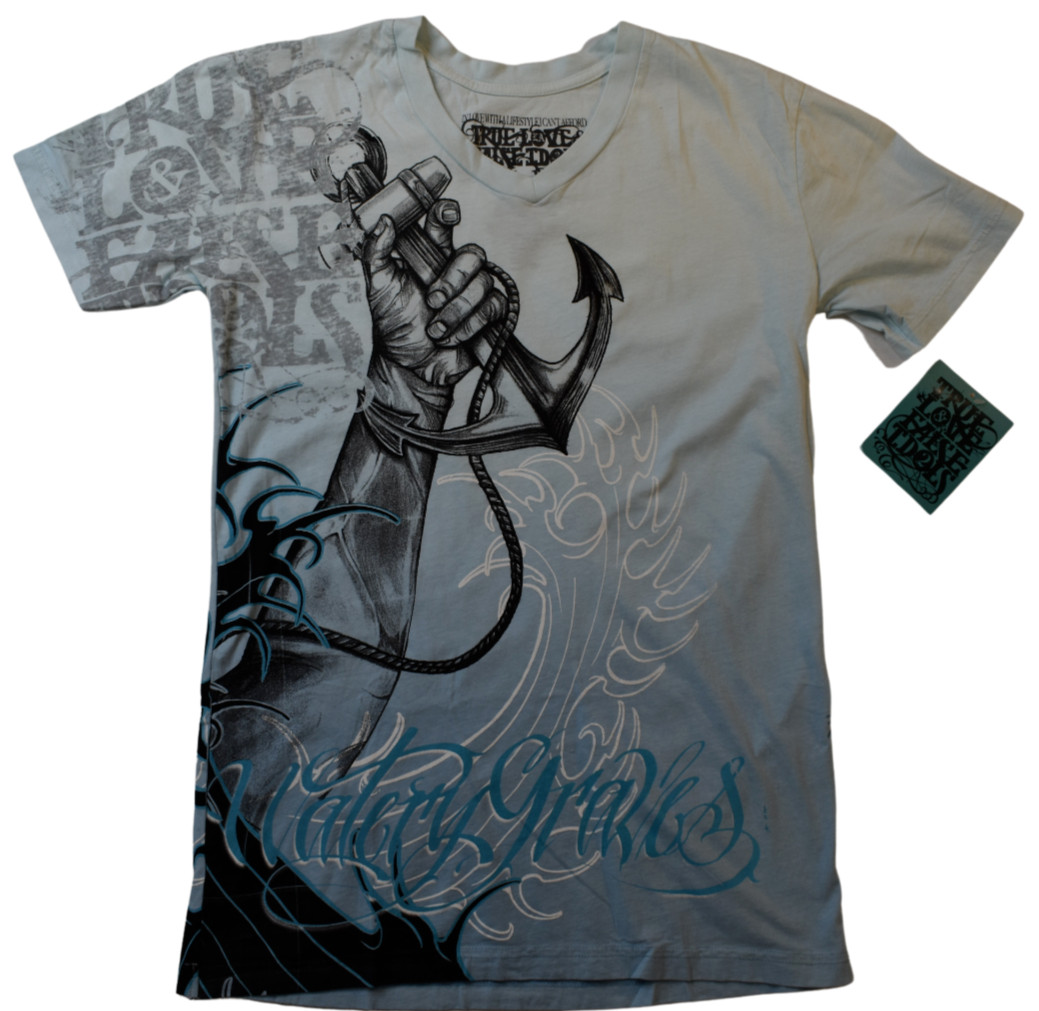 True Love False Idols Mens TLFI Last Rites Sky Blue V-Neck Shirt NWT S