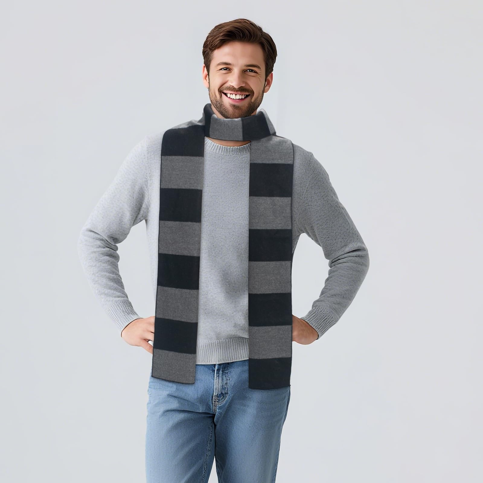 GHGMAO Black and Gray Striped 200 cm x 20 cm, Scarf (Black Grey)