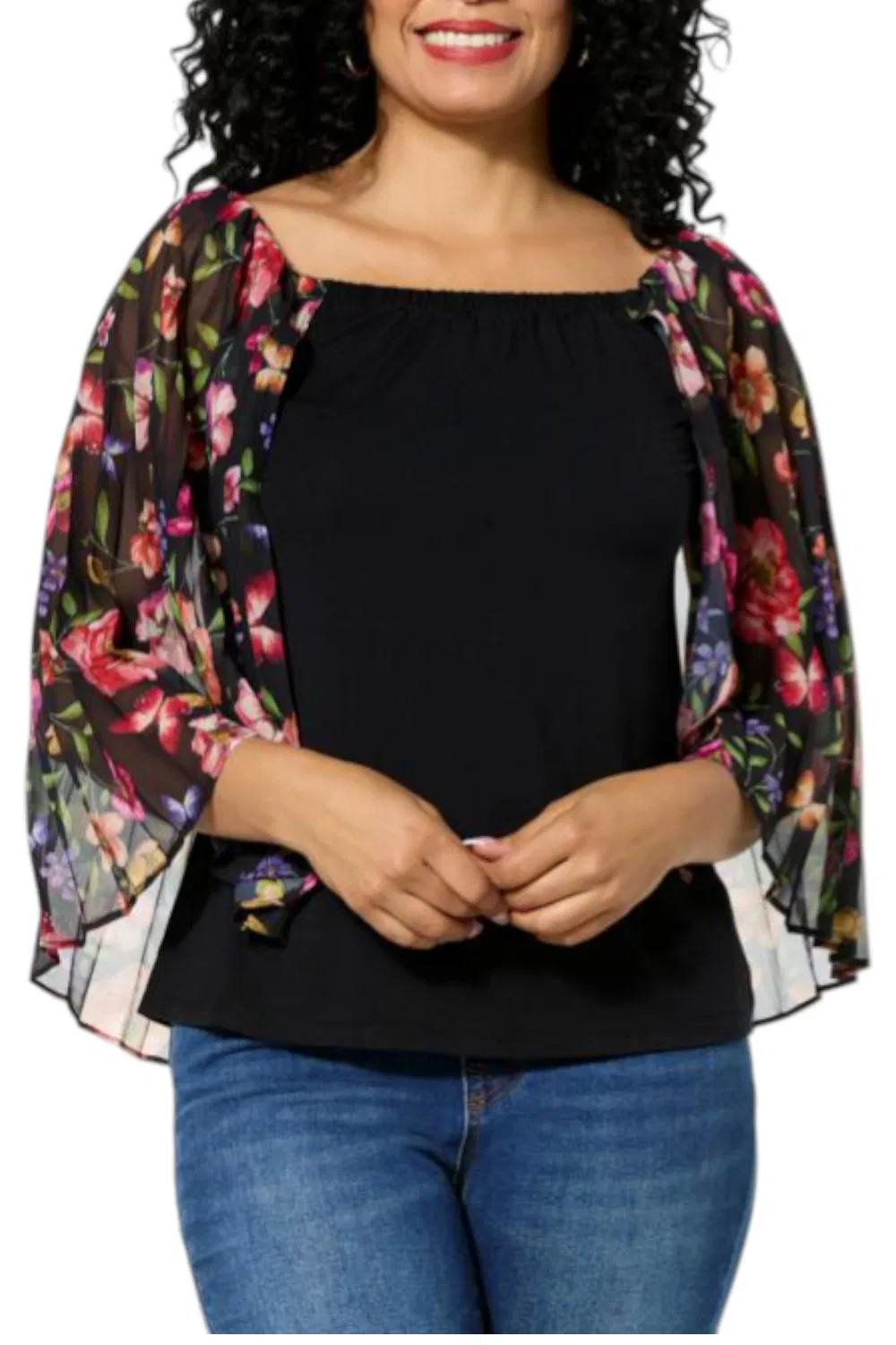 Colleen Lopez Women’s Off Shoulder Knit Tank w Print Woven Cape Black