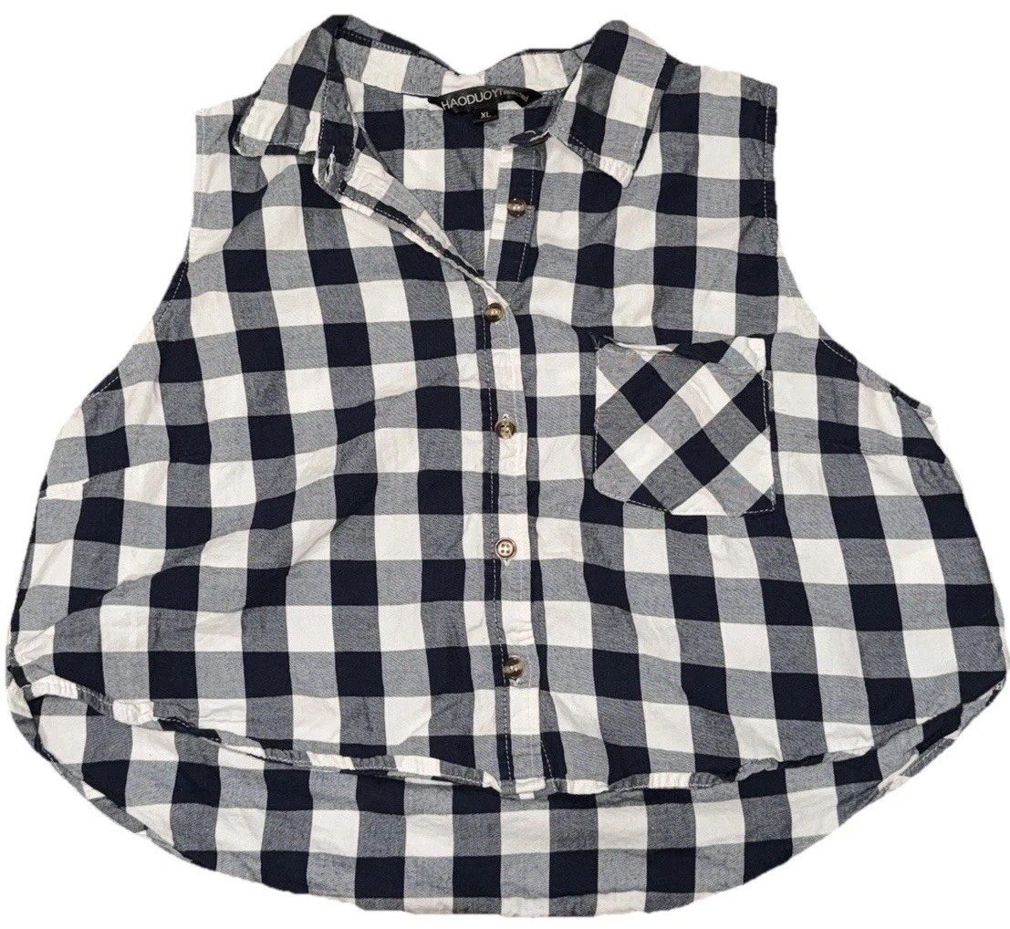 Haoduoyi Blue White Buffalo Plaid Button Down Sleeveless Tank Top Womens XL