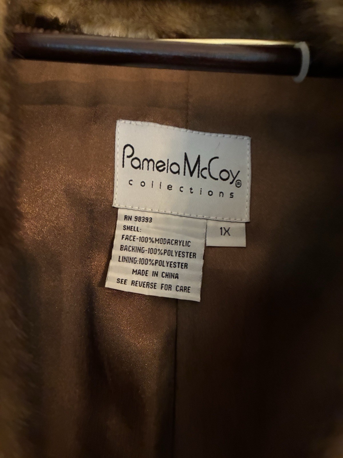 Pamela McCoy Brown Long Overcoat Fur Trim Collar Lined Button Closure 1X
