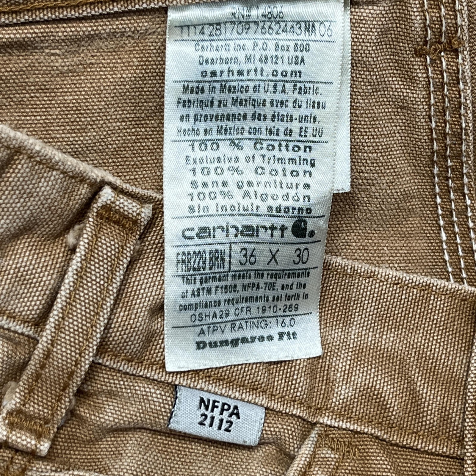 Carhartt FR Dungaree Fit Carpenter Pants Mens 36×30 Brown Canvas FRB229 Work
