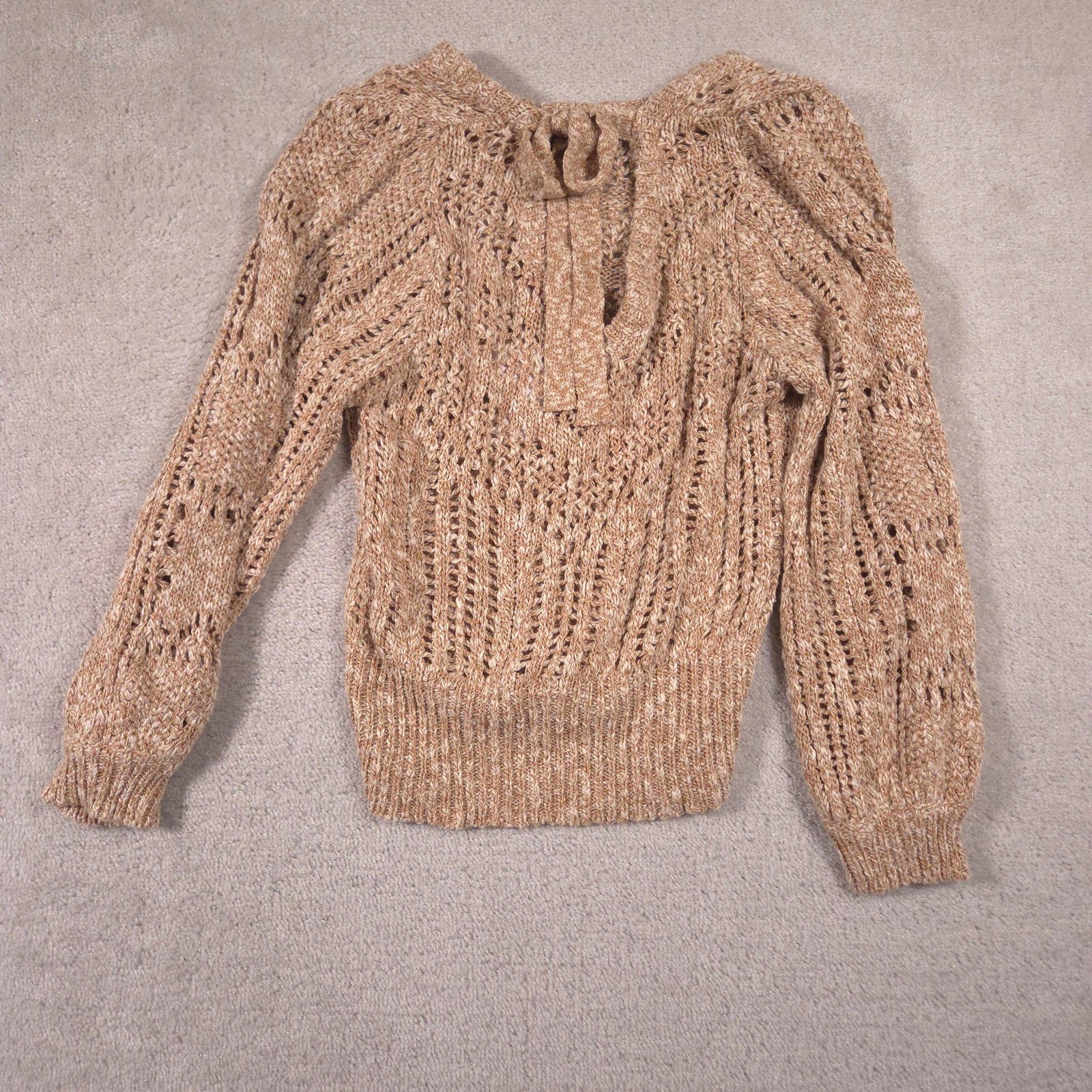 Willow-Root Sweater Womens XL Beige Open Knit Tie Back Pullover Long Sleeve