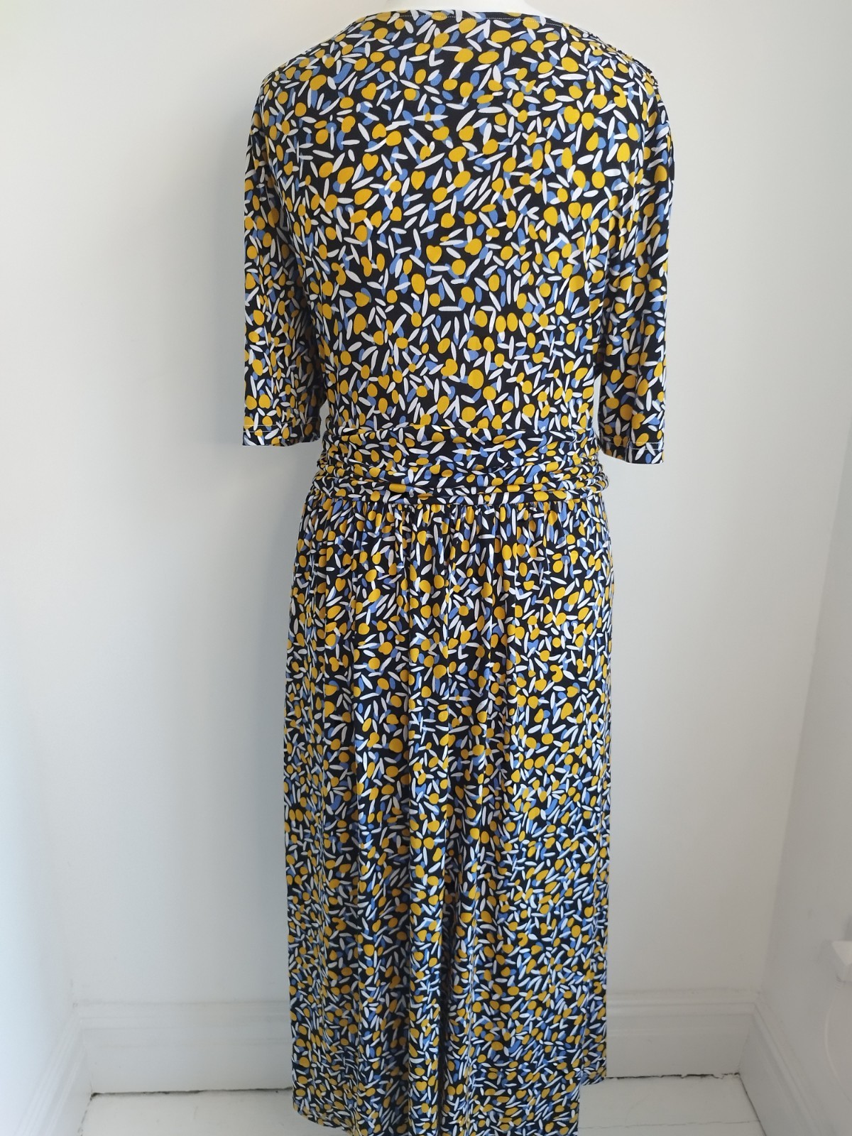 JOLIE MOI Dress Midaxi Yellow Blue Pattern Fit & Flare Jersey Size UK 20